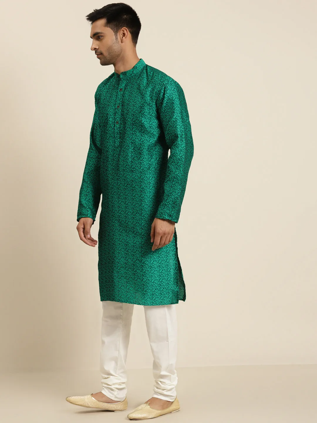 Men's Jacq Silk Dark green Self design Kurta & White Churidar Pyjama Set - Sojanya