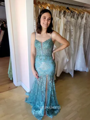 Mermaid Spaghetti Straps Blue Lace Long Prom Dress Evening Gowns sew1042