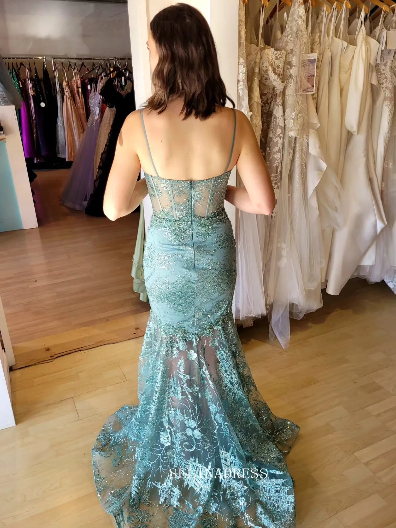 Mermaid Spaghetti Straps Blue Lace Long Prom Dress Evening Gowns sew1042