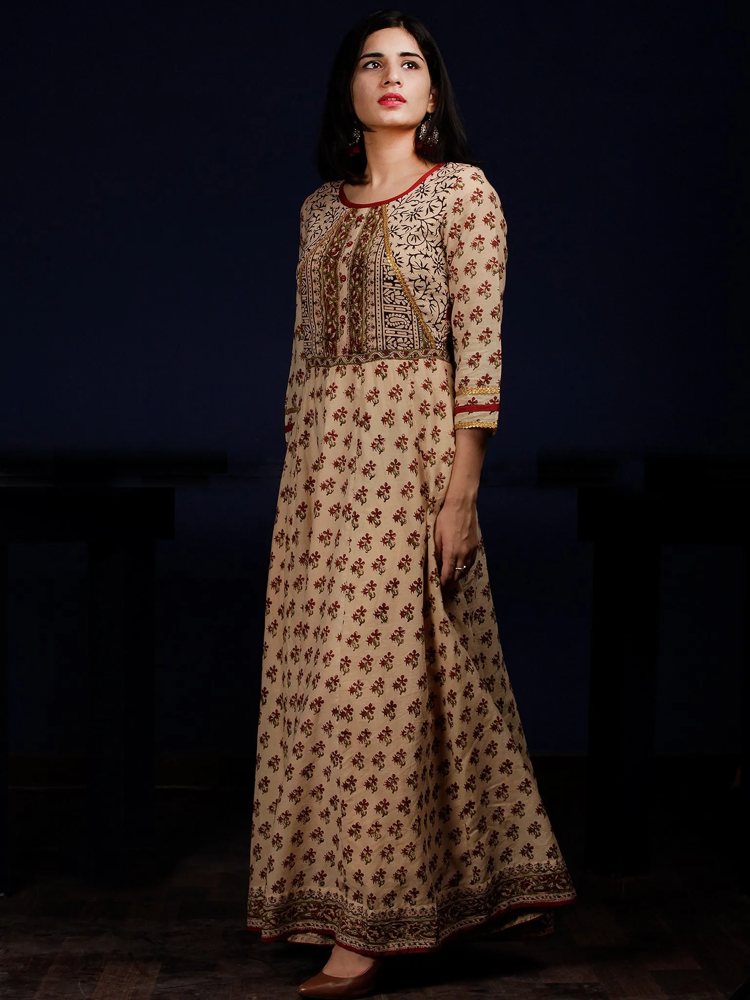 Naaz Ayana - Beige Rust Green Black Hand Block Printed Long Cotton Dress With Full Lining - DS60F001