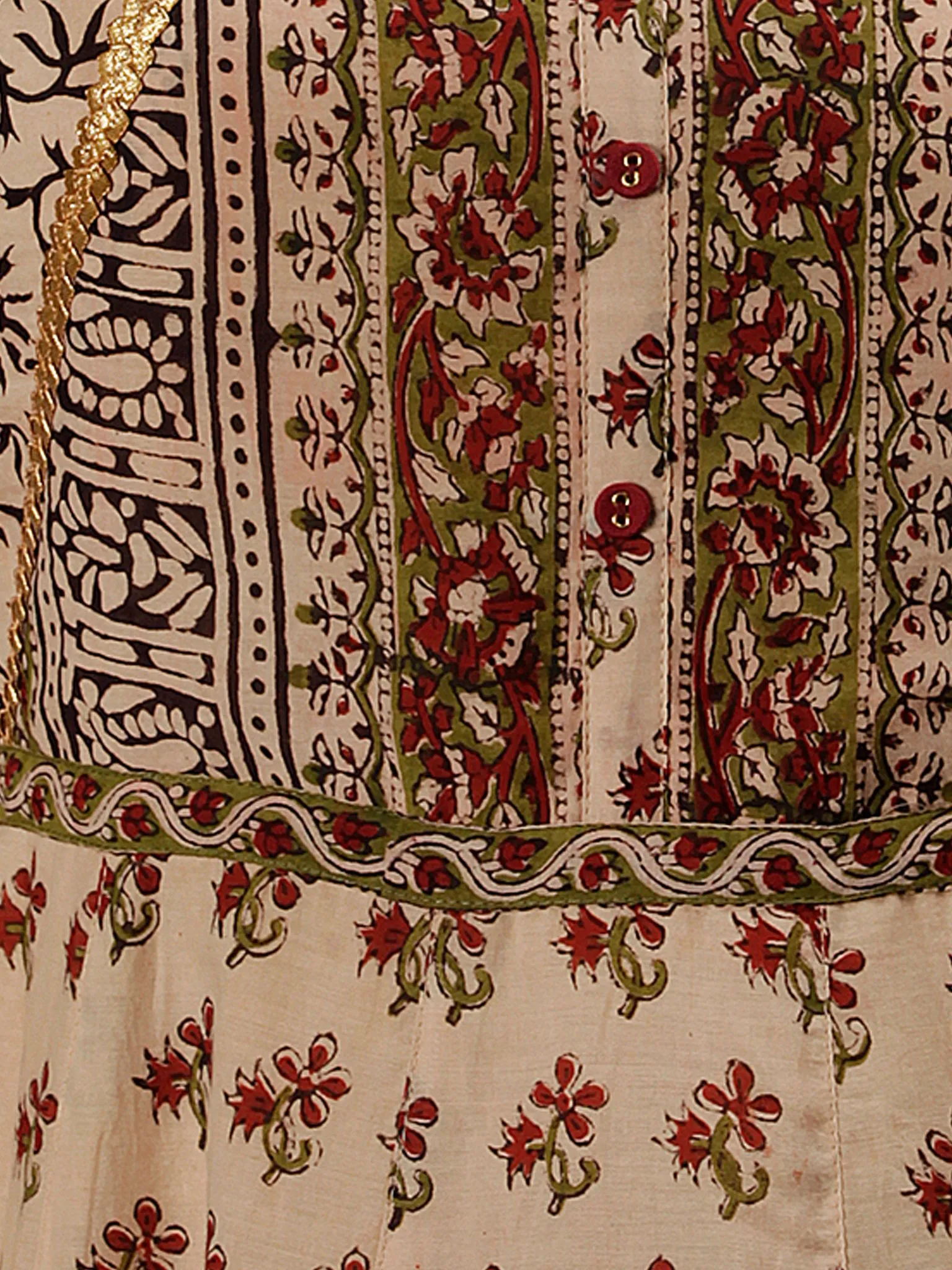 Naaz Ayana - Beige Rust Green Black Hand Block Printed Long Cotton Dress With Full Lining - DS60F001