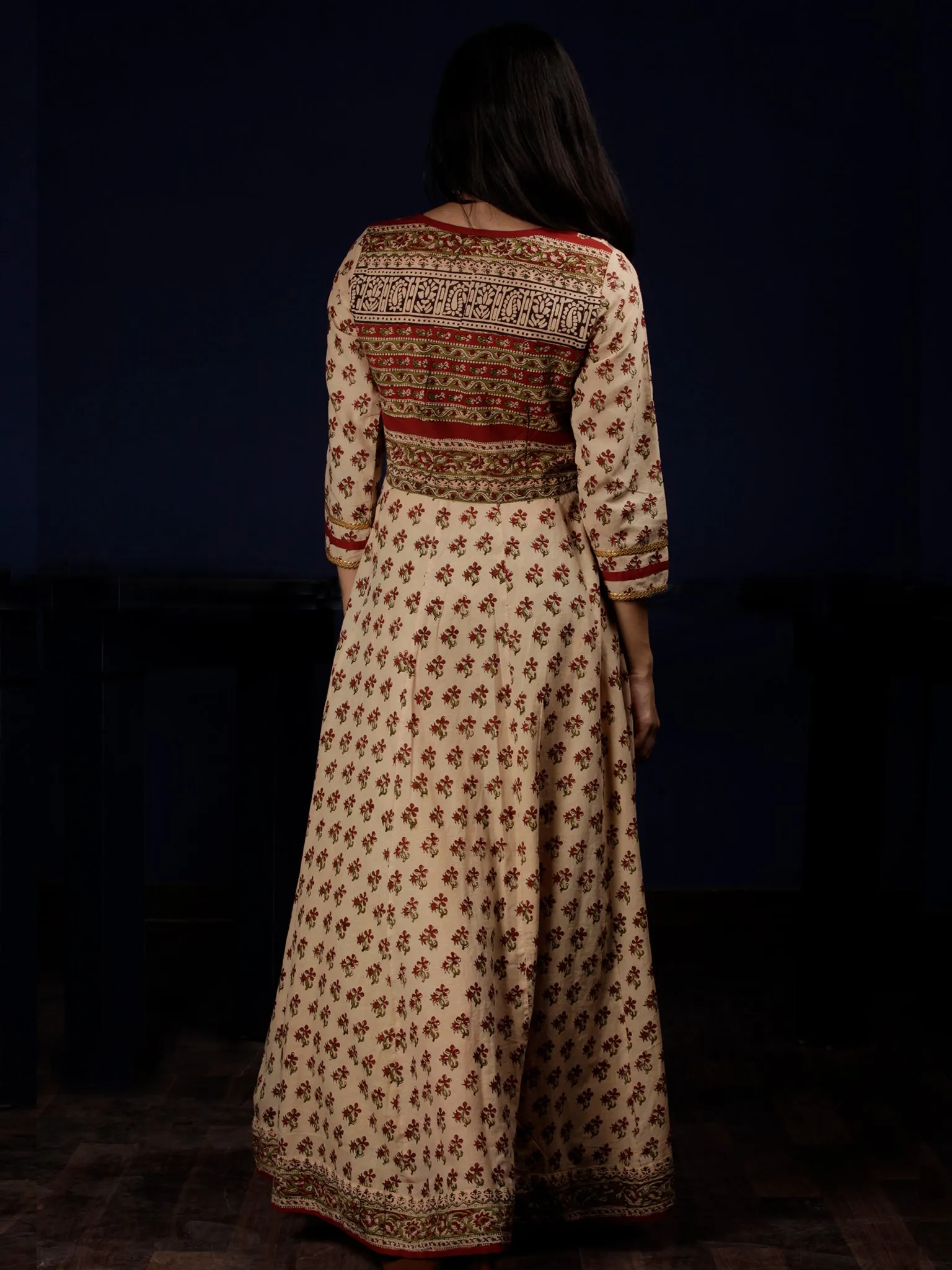 Naaz Ayana - Beige Rust Green Black Hand Block Printed Long Cotton Dress With Full Lining - DS60F001