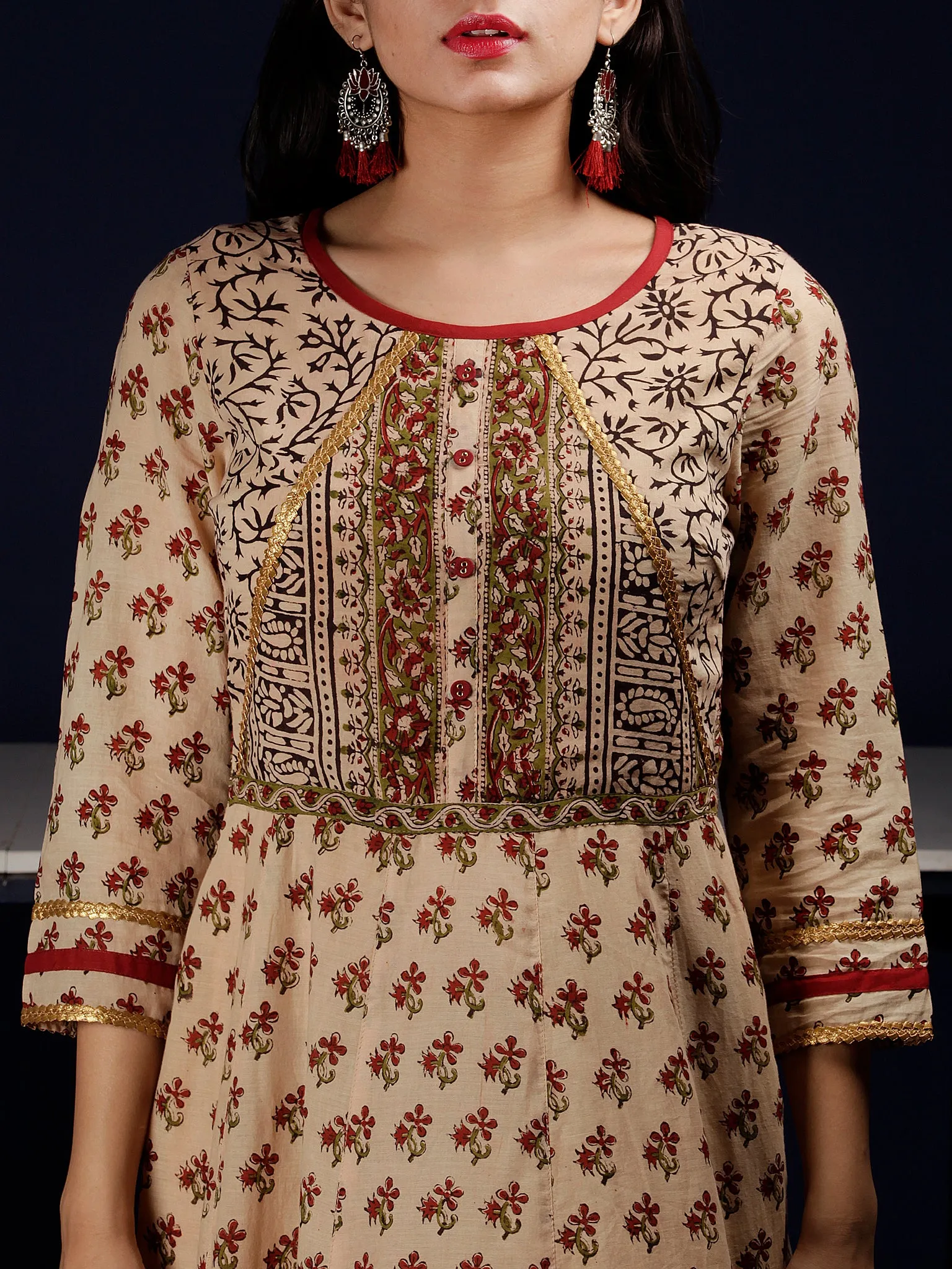 Naaz Ayana - Beige Rust Green Black Hand Block Printed Long Cotton Dress With Full Lining - DS60F001