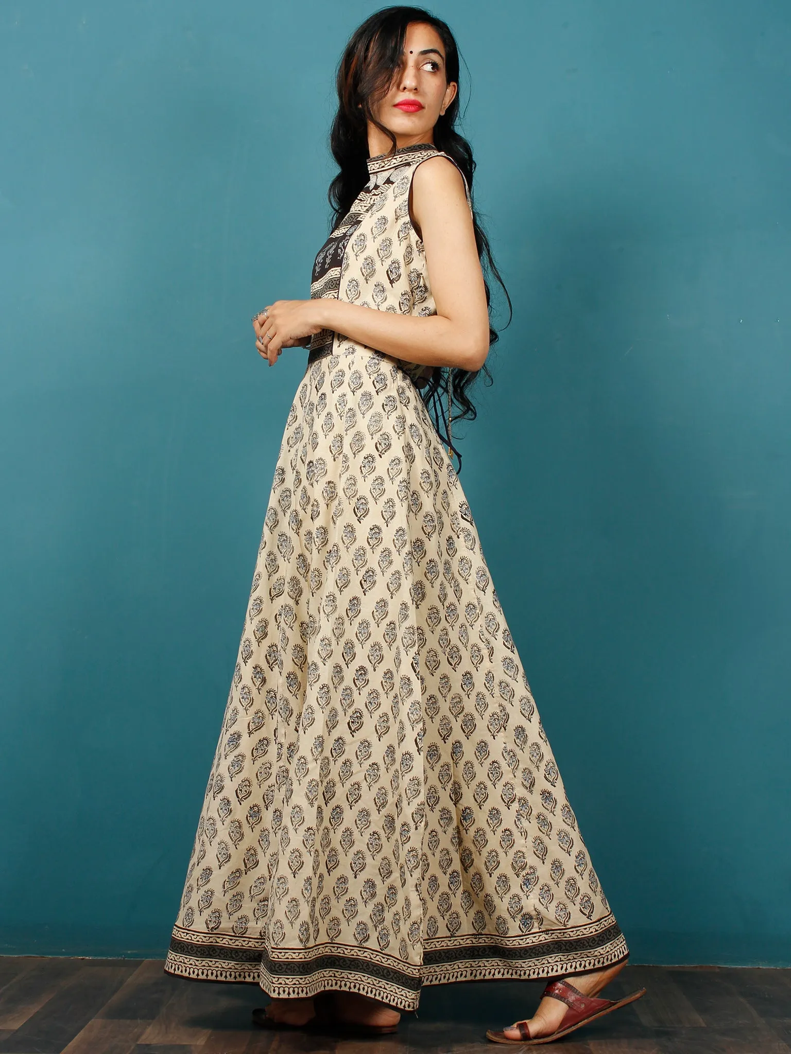 Naaz Beige Black Grey Hand Block Printed Long Cotton Sleeveless Dress With Back Tassel Belt -  DS50F001