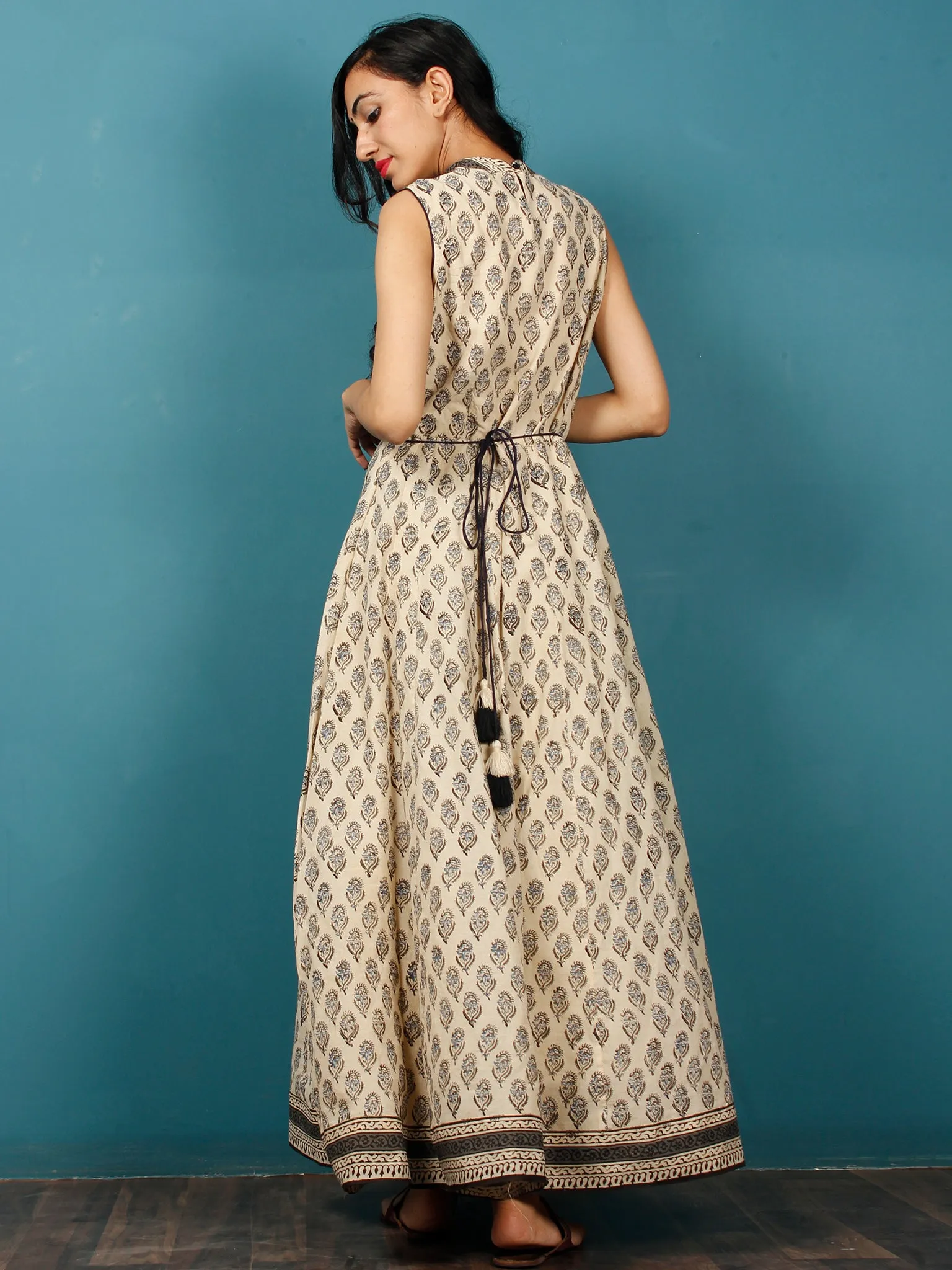 Naaz Beige Black Grey Hand Block Printed Long Cotton Sleeveless Dress With Back Tassel Belt -  DS50F001
