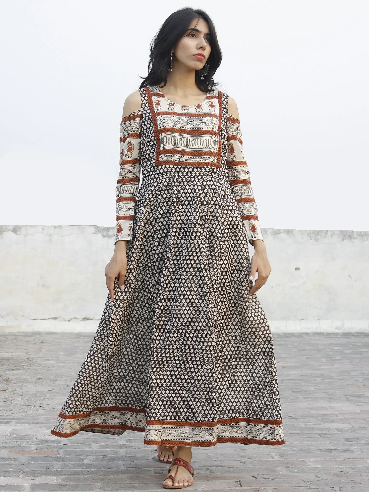 Naaz Beige Black Maroon Hand Block Printed Dress With Cold Shoulder  -  DS35F001