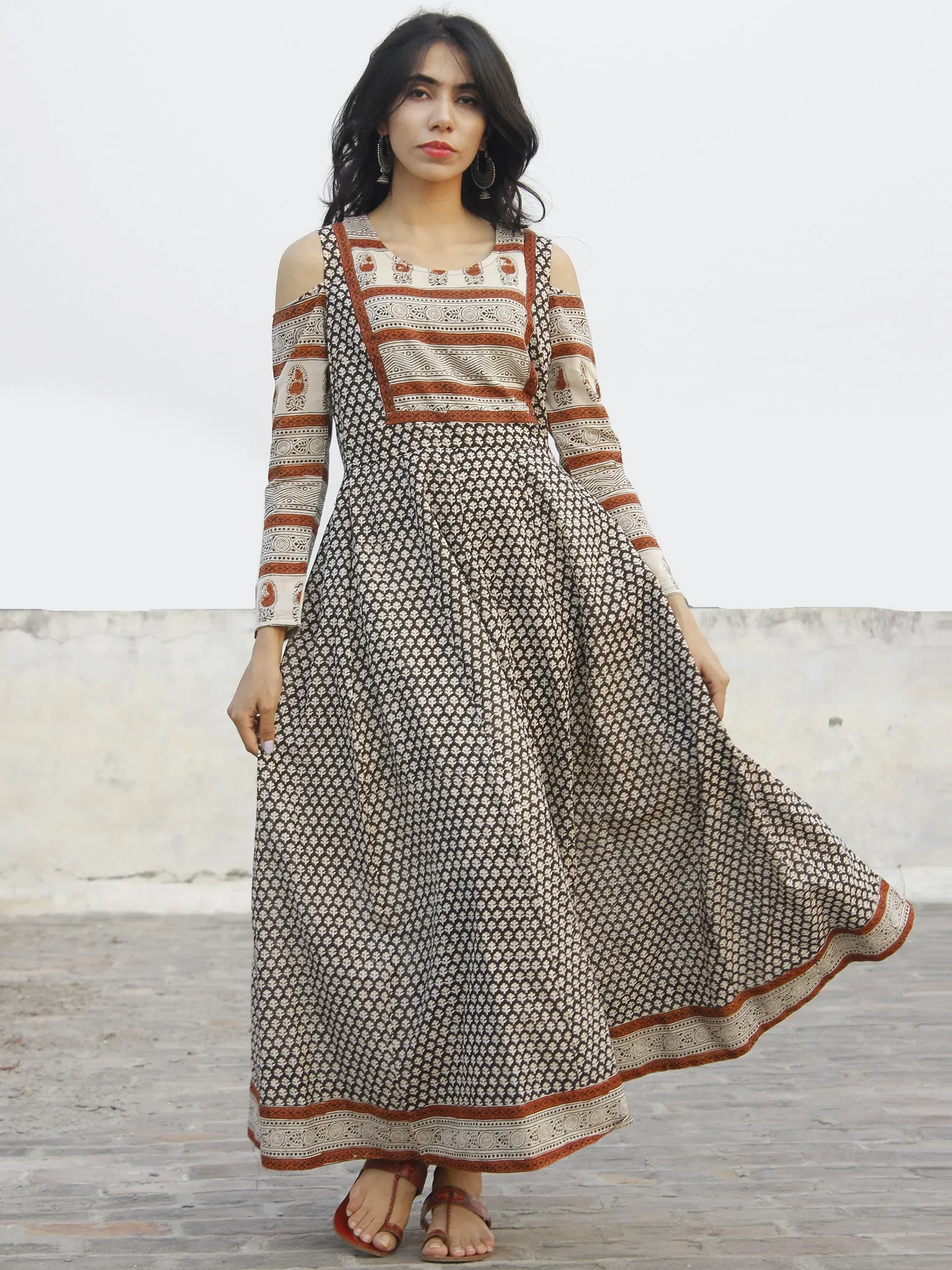 Naaz Beige Black Maroon Hand Block Printed Dress With Cold Shoulder  -  DS35F001