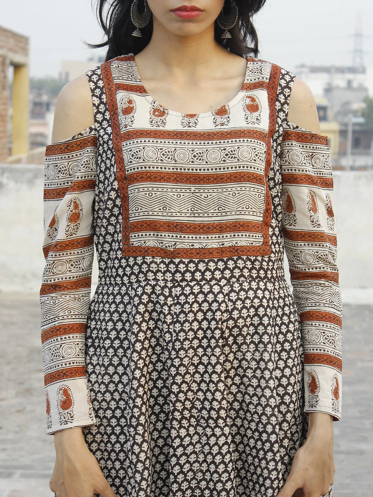 Naaz Beige Black Maroon Hand Block Printed Dress With Cold Shoulder  -  DS35F001