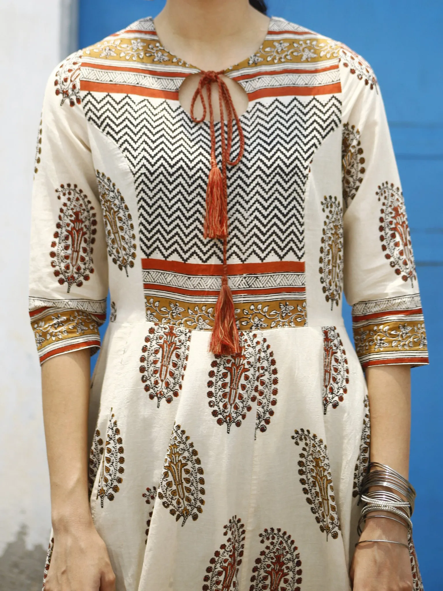 Naaz Beige Brown Maroon Black Hand Block Printed Long Cotton Dress with Tassels - DS02F001
