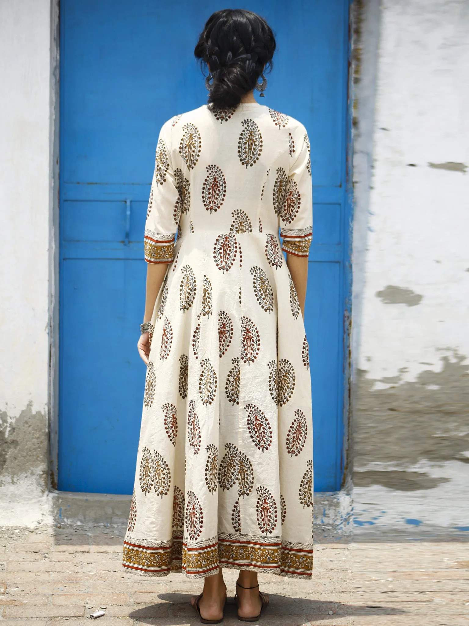 Naaz Beige Brown Maroon Black Hand Block Printed Long Cotton Dress with Tassels - DS02F001