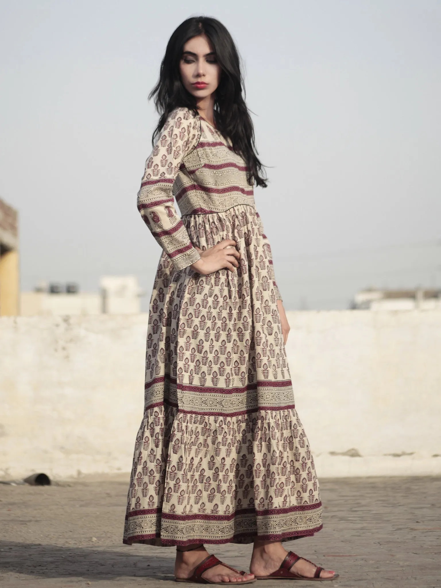 Naaz Beige Byzantium purple Black Hand Block Printed Long Cotton Tier Dress with Gathers - DS07F001