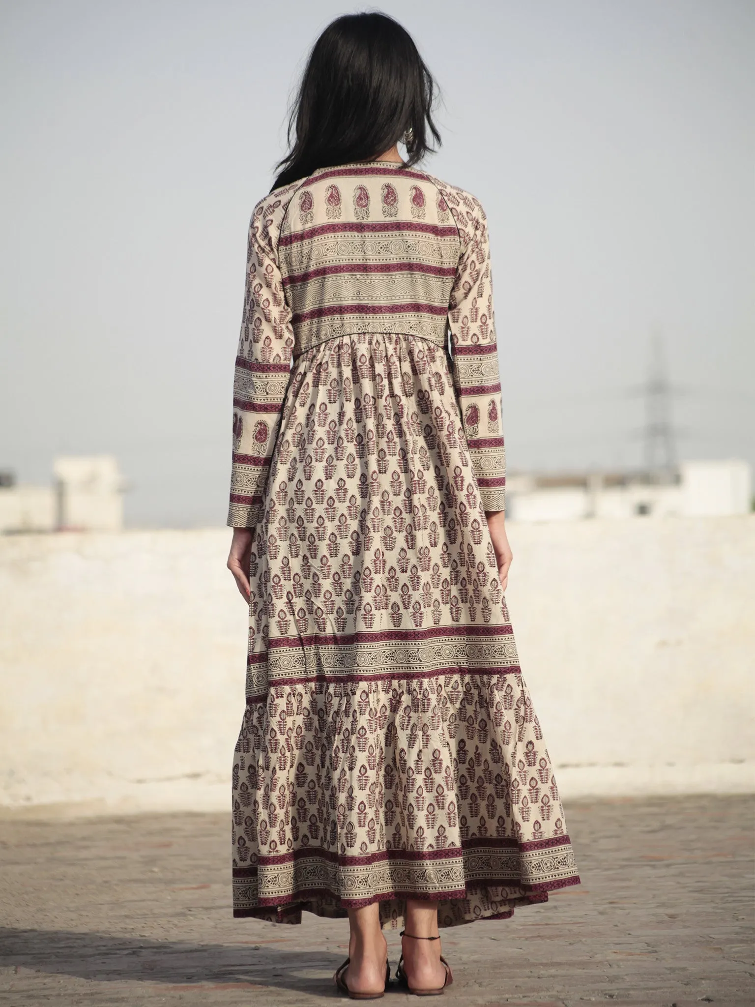 Naaz Beige Byzantium purple Black Hand Block Printed Long Cotton Tier Dress with Gathers - DS07F001