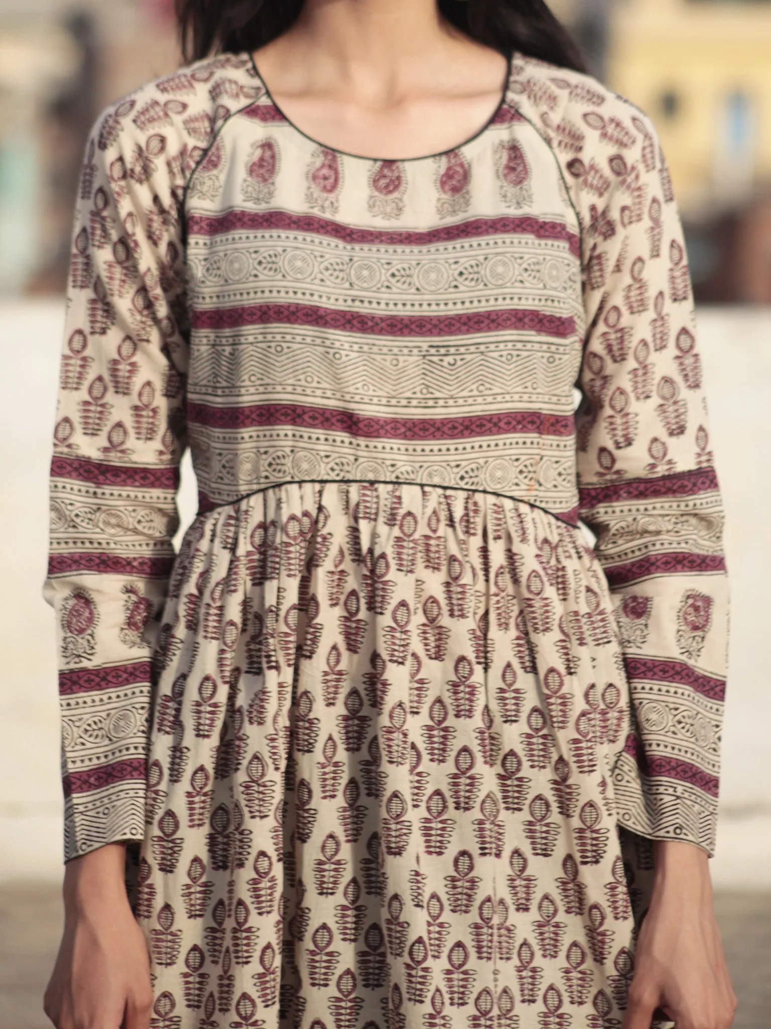Naaz Beige Byzantium purple Black Hand Block Printed Long Cotton Tier Dress with Gathers - DS07F001