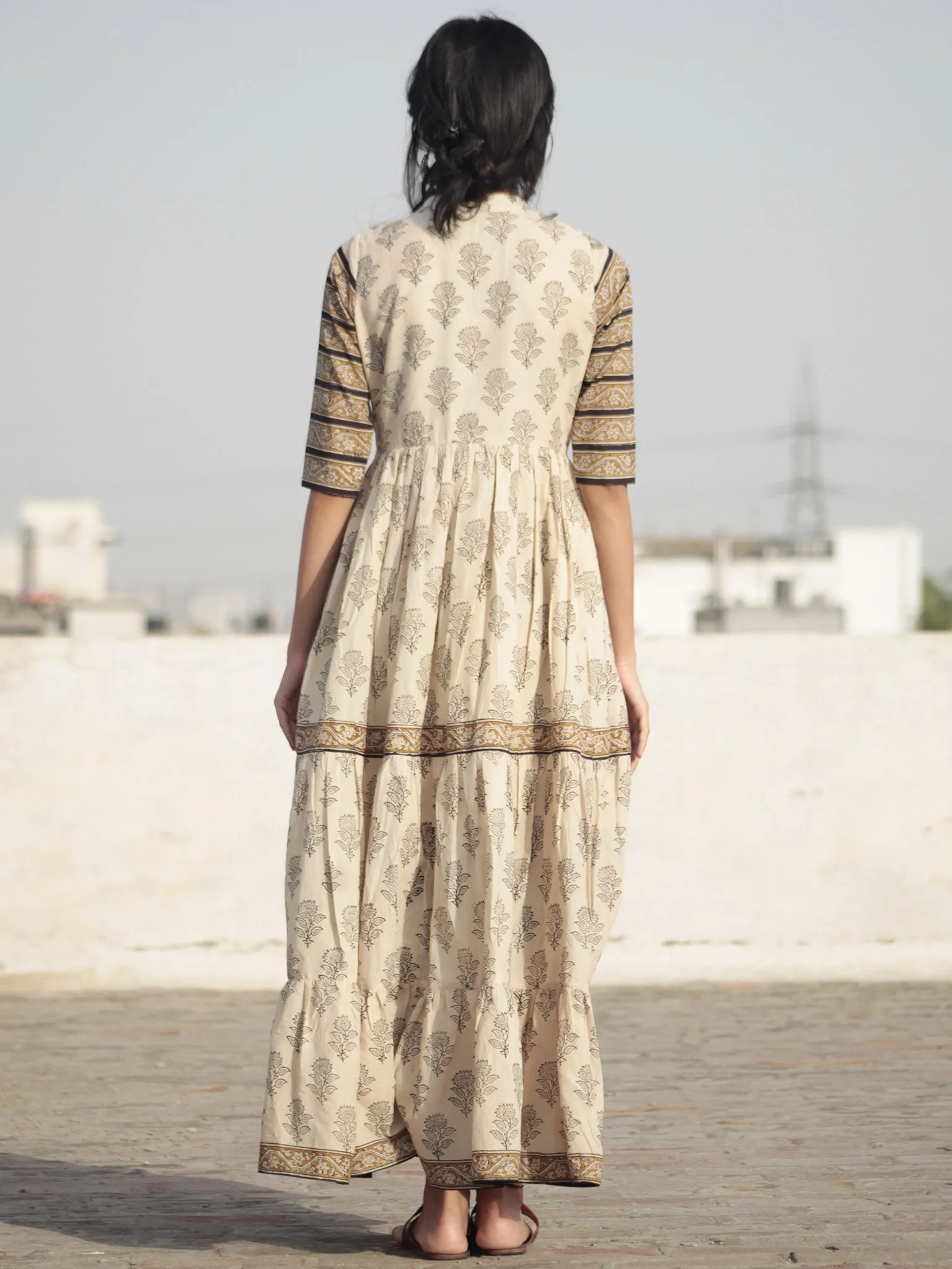 Naaz Beige Mustard Black Hand Block Printed Long Cotton Tier Dress with Gathers - DS10F001