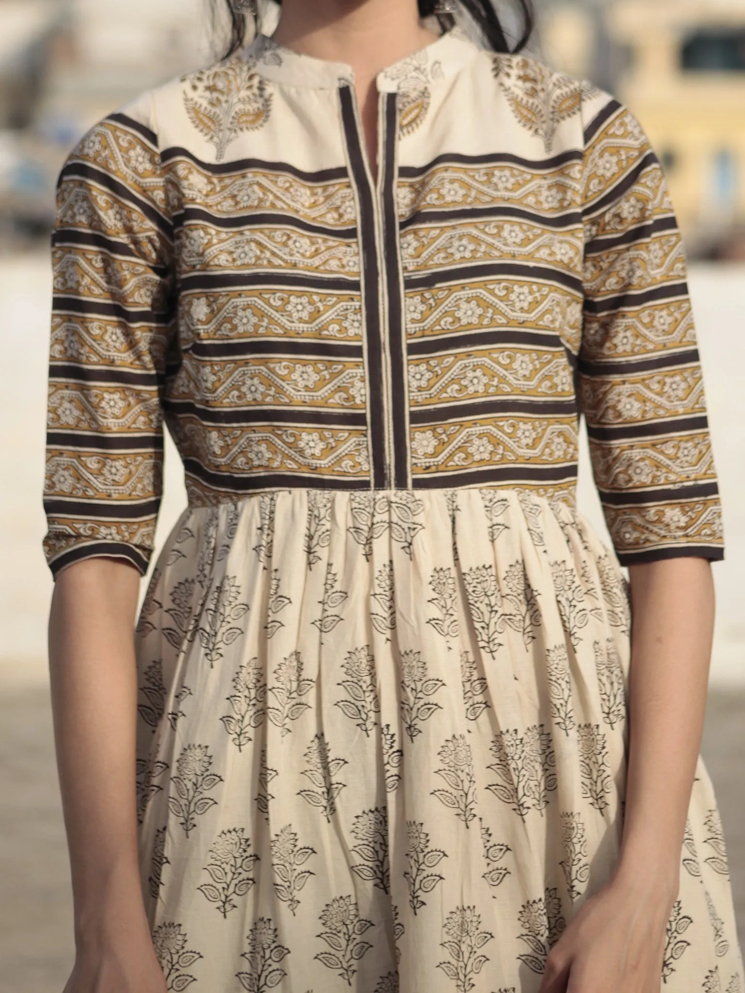 Naaz Beige Mustard Black Hand Block Printed Long Cotton Tier Dress with Gathers - DS10F001
