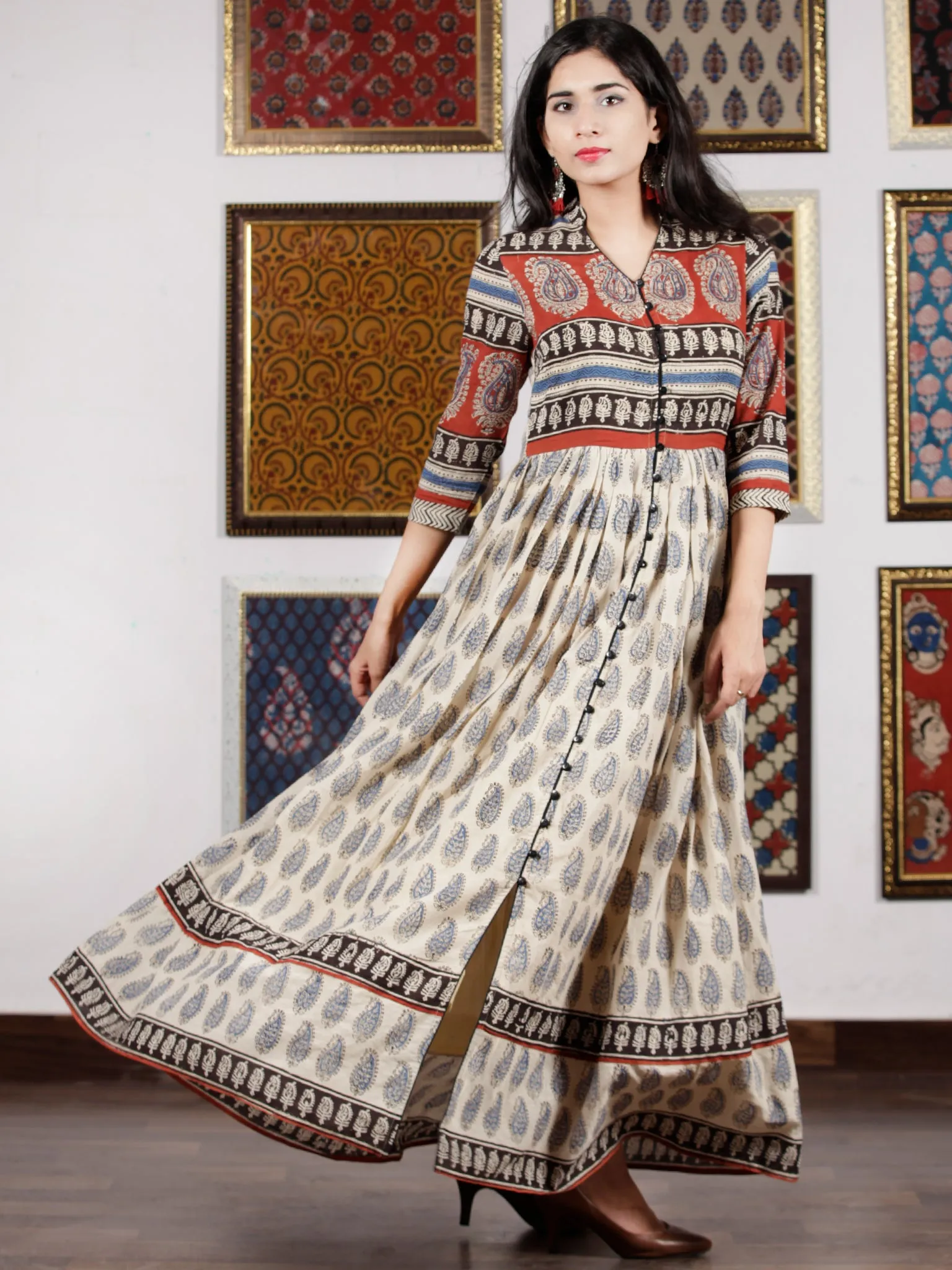 Naaz Beige Red Black Blue Hand Block Printed Long Dress With Front Detailing -  DS49F001