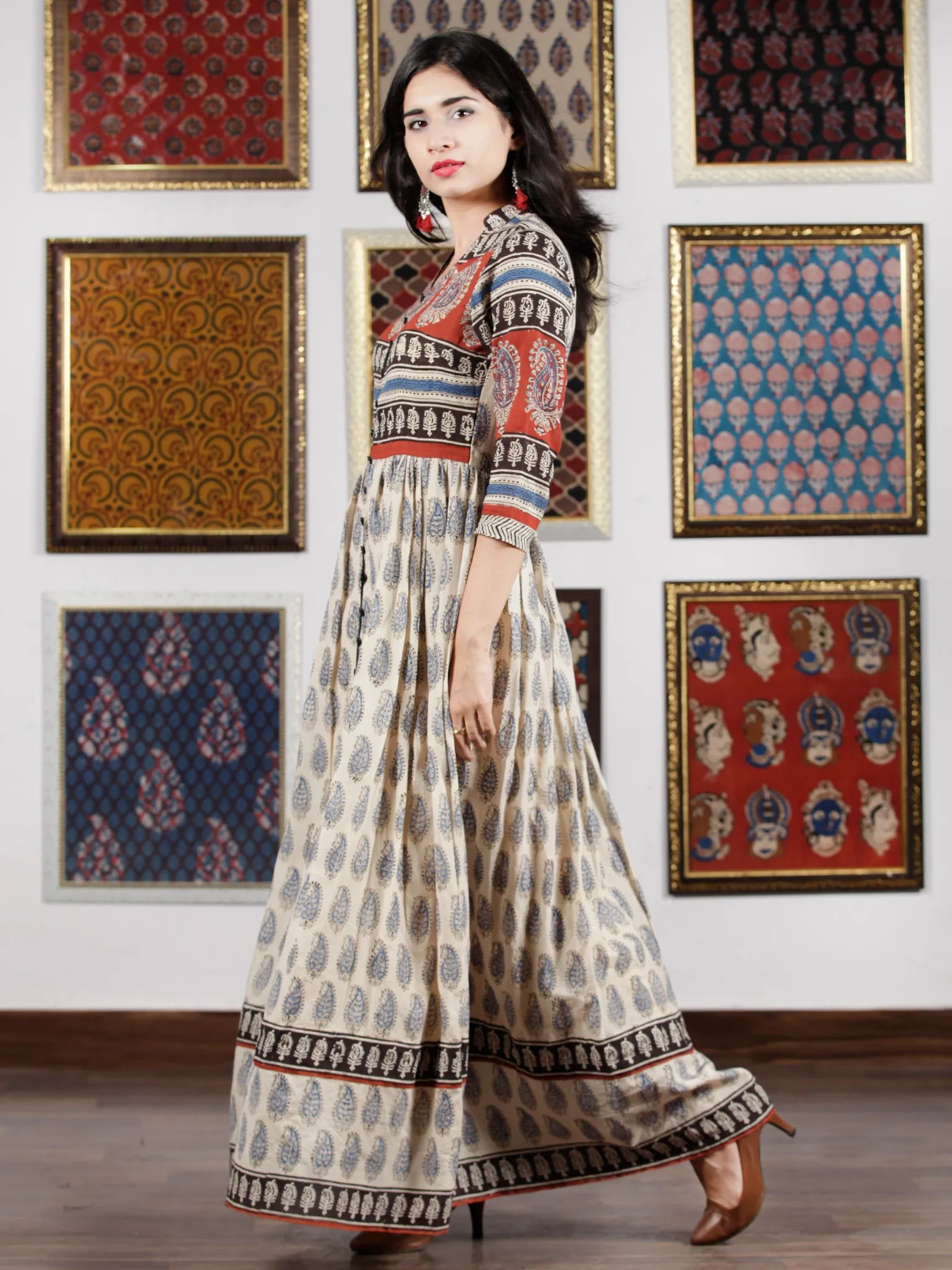 Naaz Beige Red Black Blue Hand Block Printed Long Dress With Front Detailing -  DS49F001