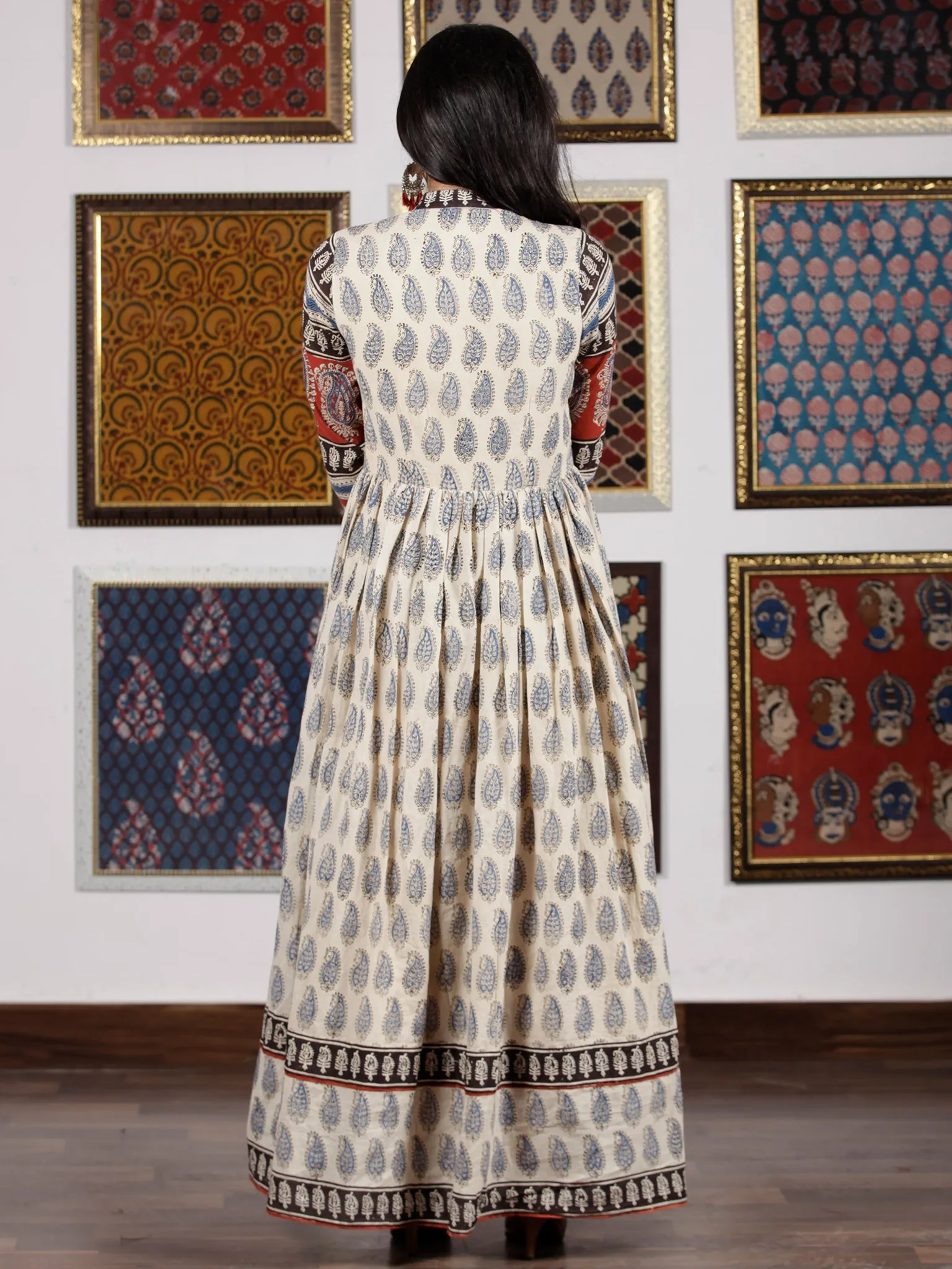 Naaz Beige Red Black Blue Hand Block Printed Long Dress With Front Detailing -  DS49F001