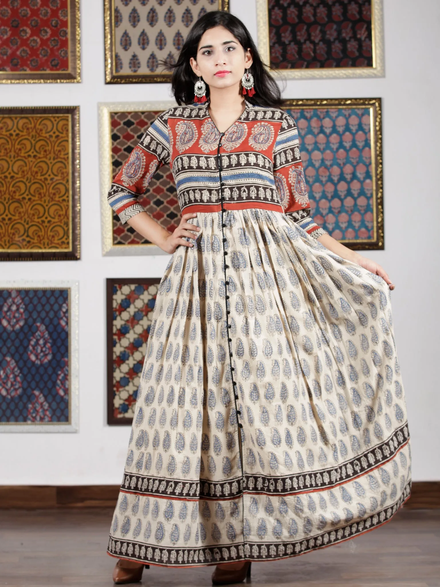 Naaz Beige Red Black Blue Hand Block Printed Long Dress With Front Detailing -  DS49F001