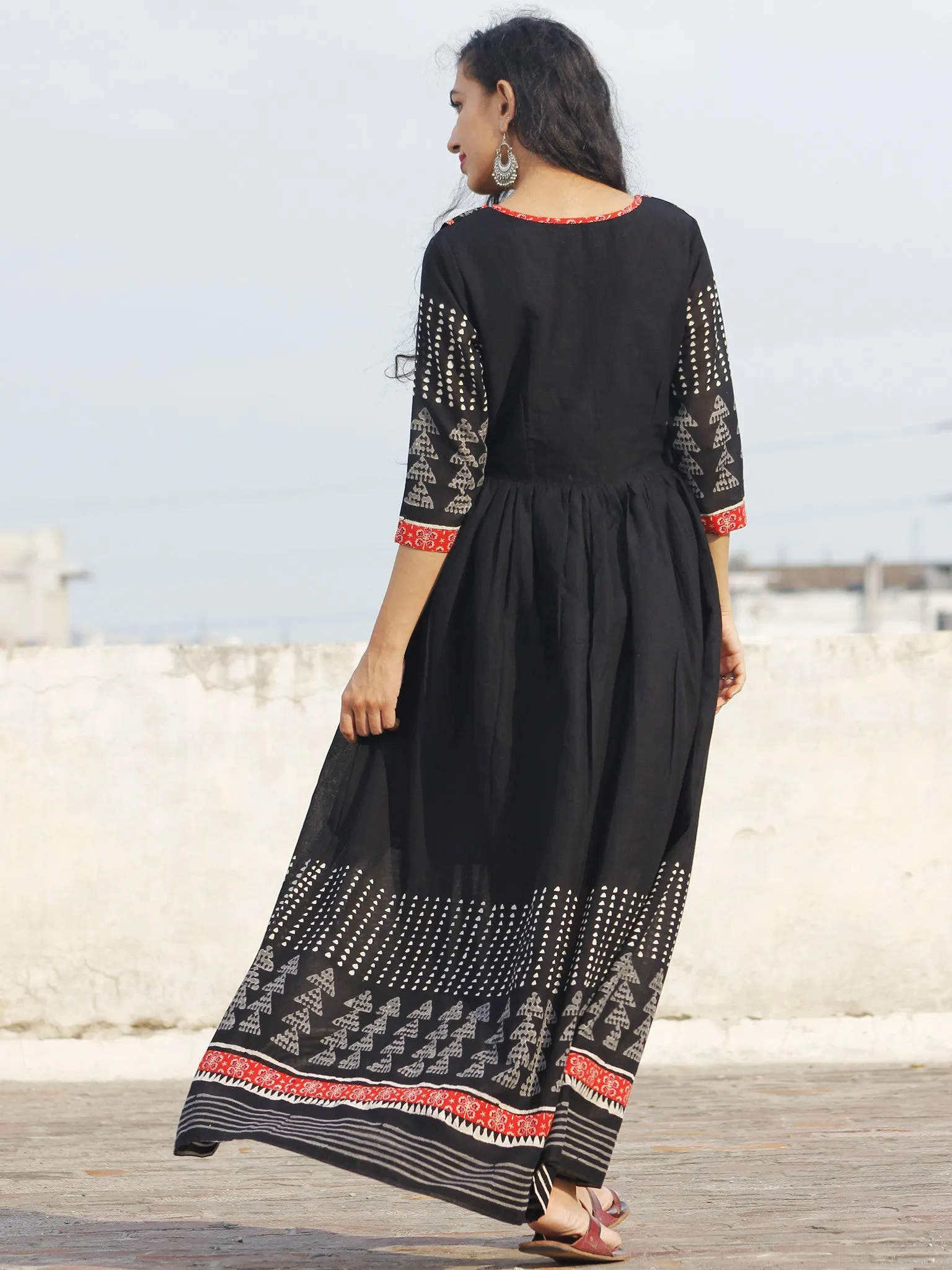 Naaz Black White Grey Hand Block Printed Long Dress With Gathers -  DS18F001