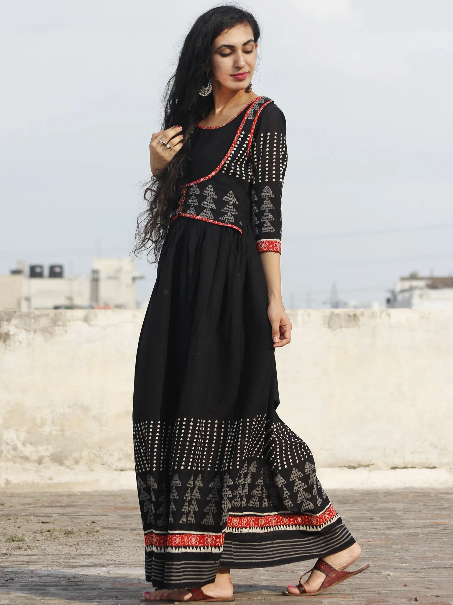 Naaz Black White Grey Hand Block Printed Long Dress With Gathers -  DS18F001