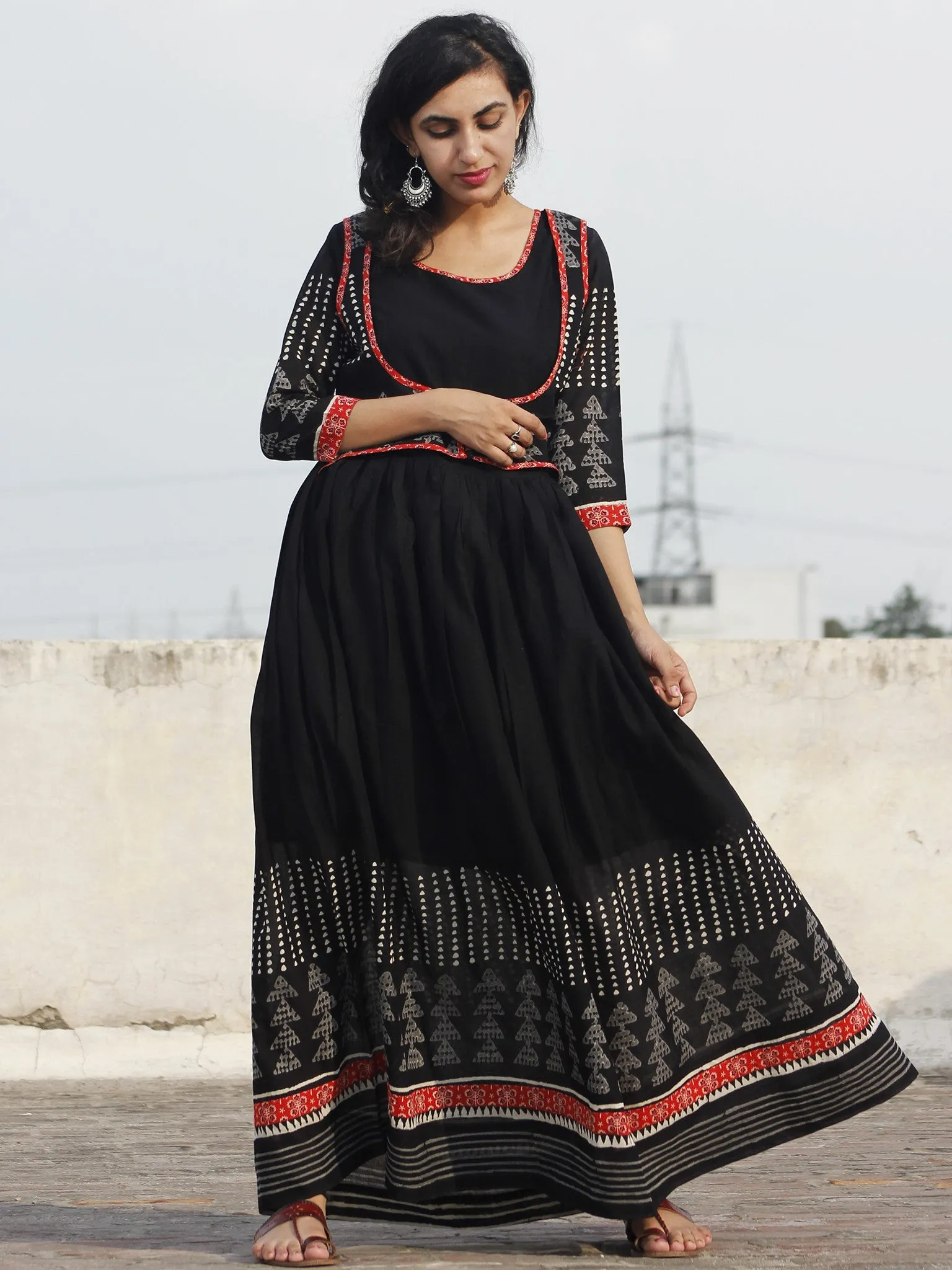 Naaz Black White Grey Hand Block Printed Long Dress With Gathers -  DS18F001