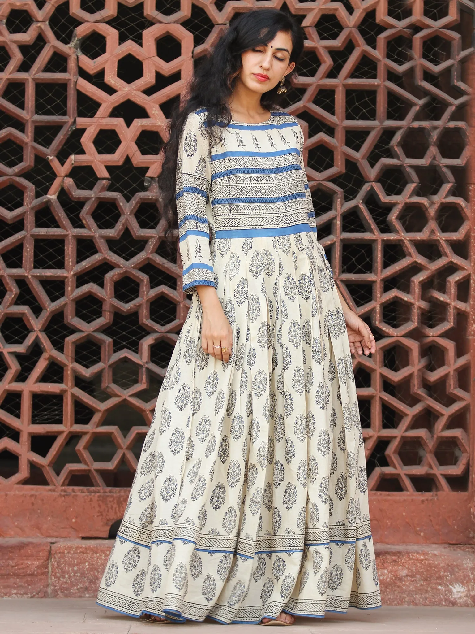 Naaz Eternal Blocks  - Hand Block Printed Long Cotton Pleated Flare Dress  - DS74F001