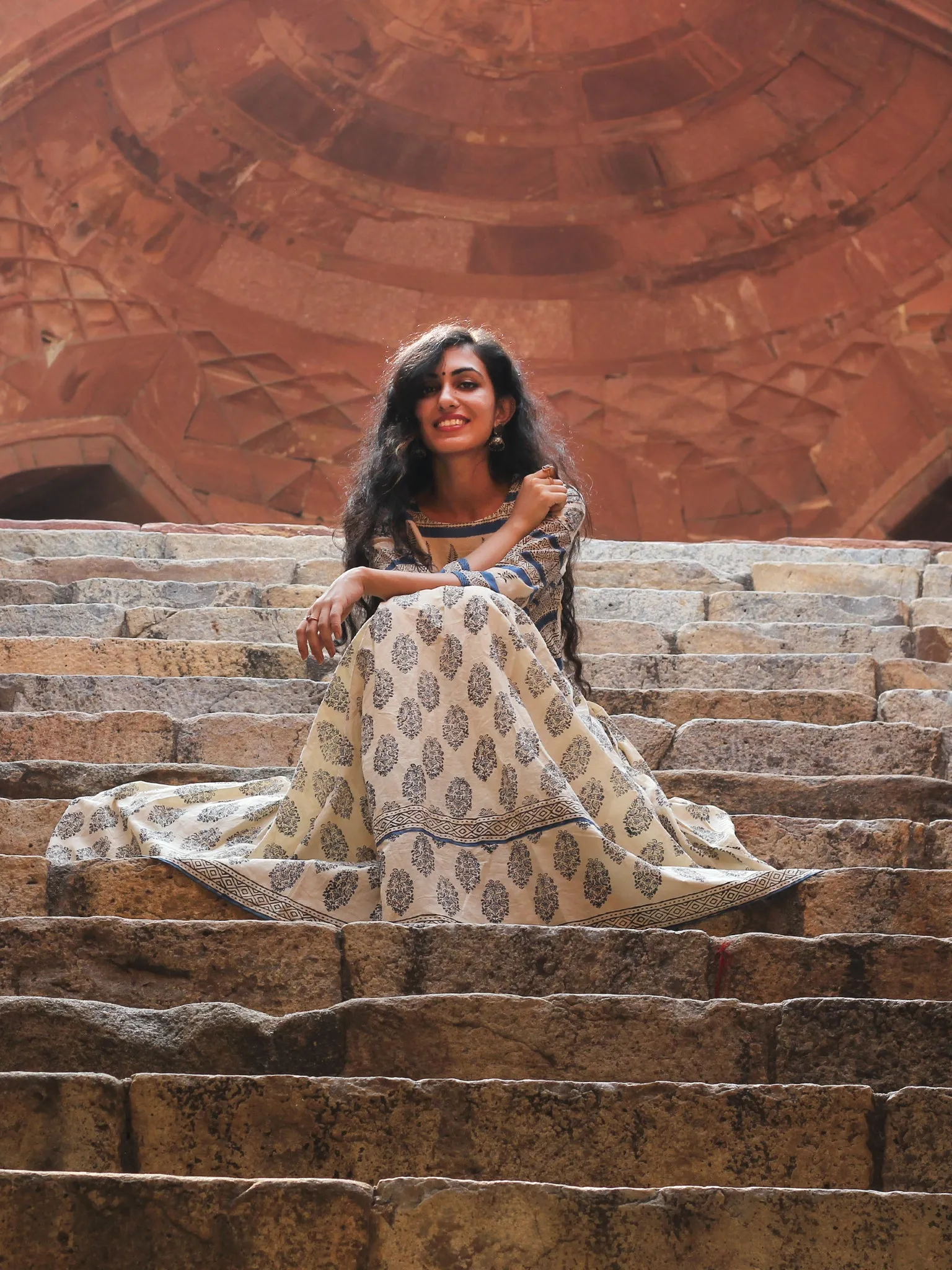 Naaz Eternal Blocks  - Hand Block Printed Long Cotton Pleated Flare Dress  - DS74F001