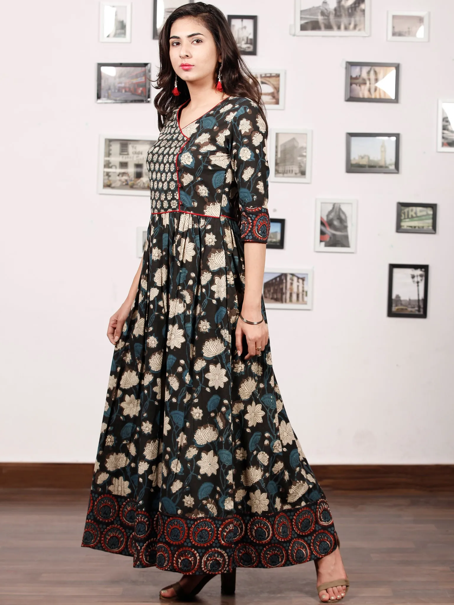 Naaz GARDENIA  - Hand Block Printed Cotton Long Angrakha Dress  - DS15F1365