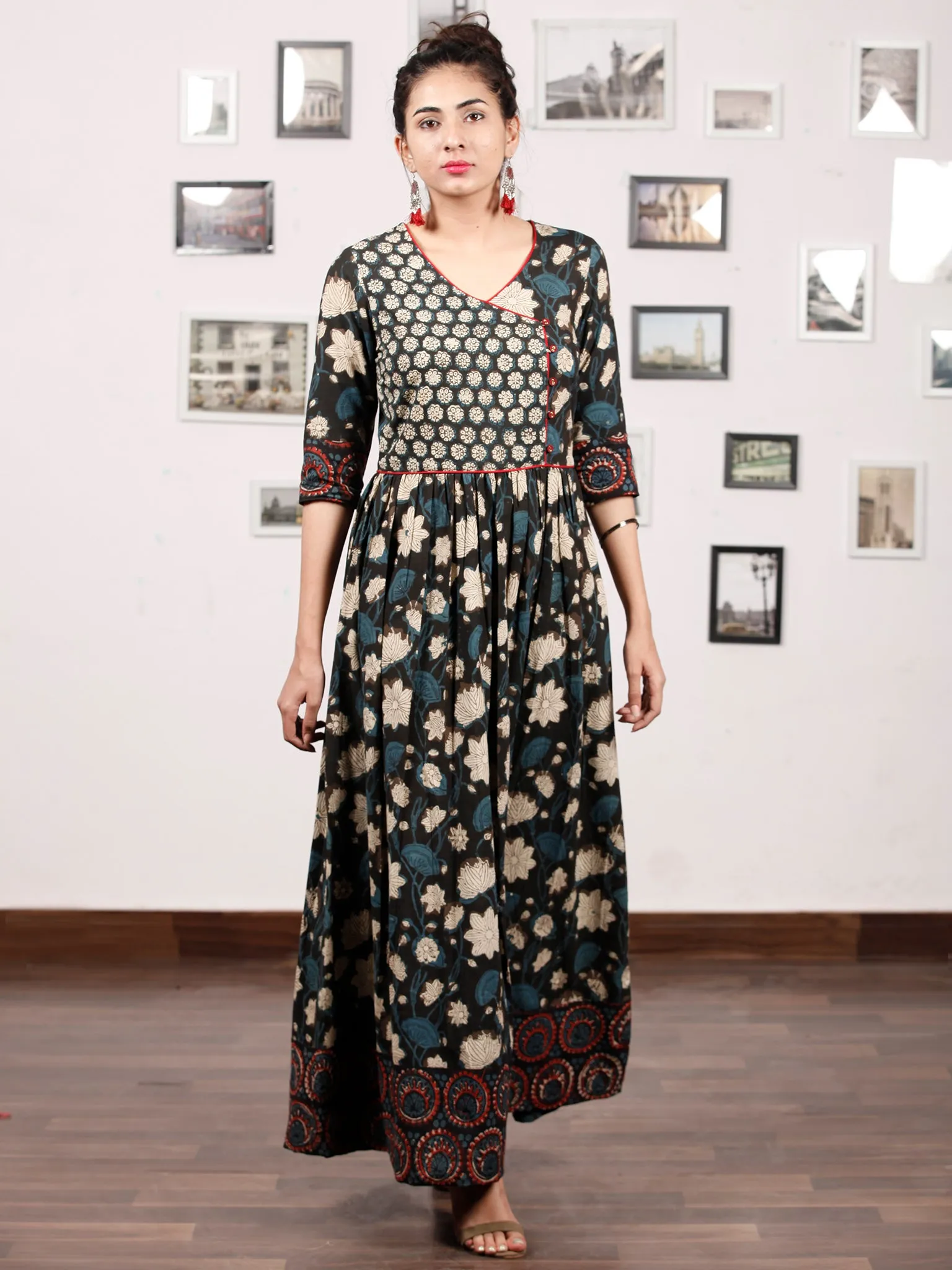 Naaz GARDENIA  - Hand Block Printed Cotton Long Angrakha Dress  - DS15F1365