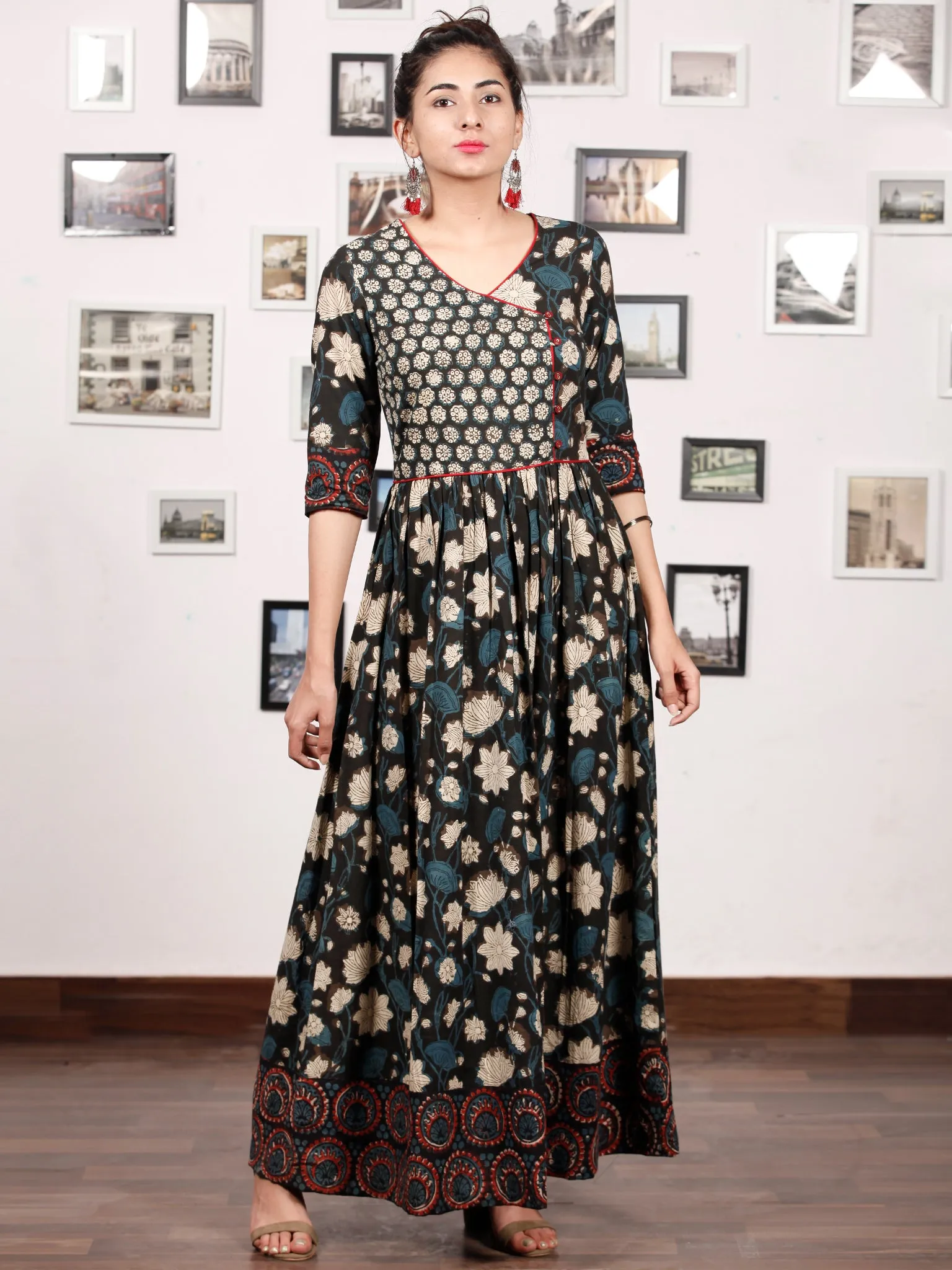 Naaz GARDENIA  - Hand Block Printed Cotton Long Angrakha Dress  - DS15F1365