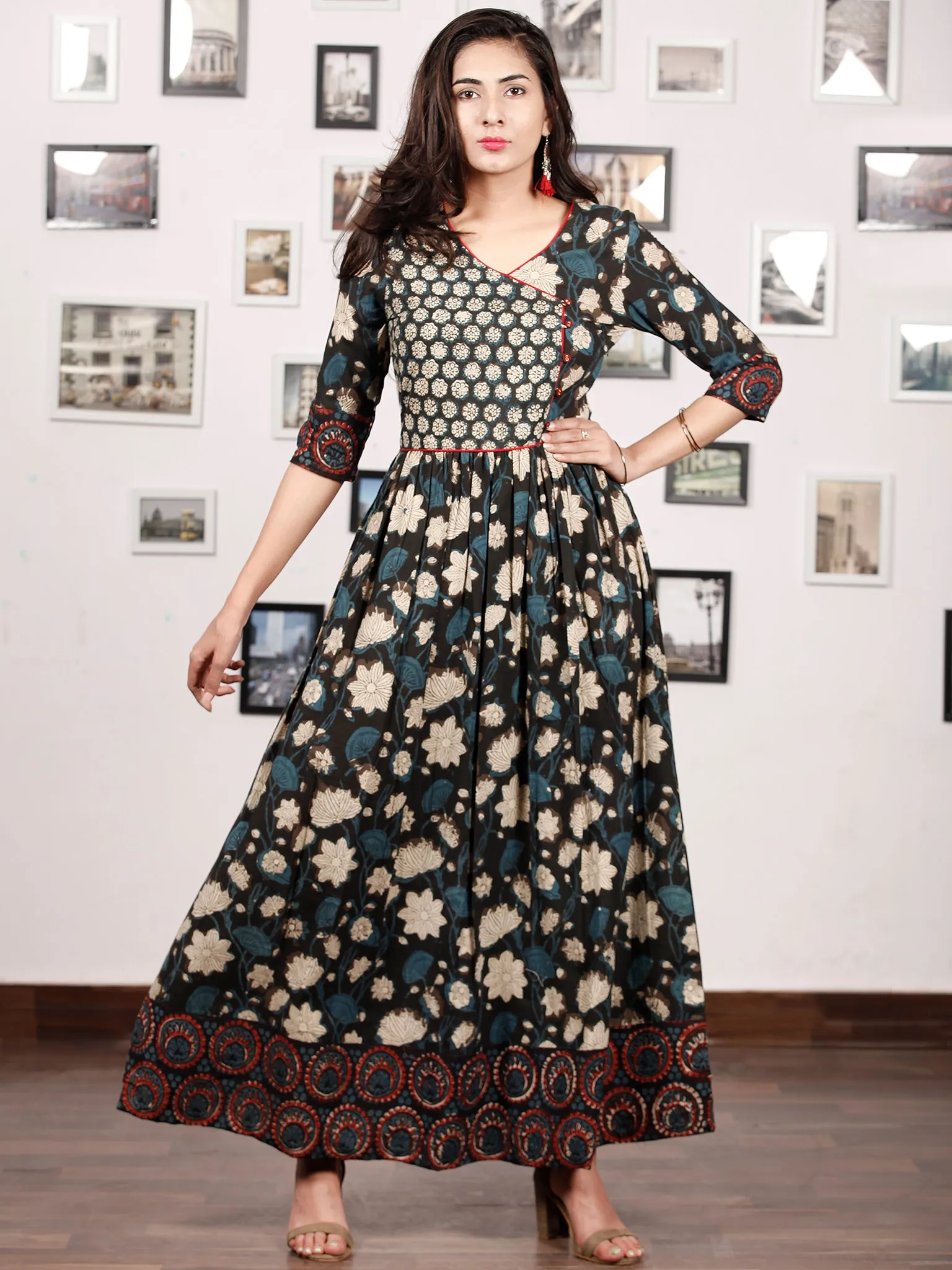 Naaz GARDENIA  - Hand Block Printed Cotton Long Angrakha Dress  - DS15F1365