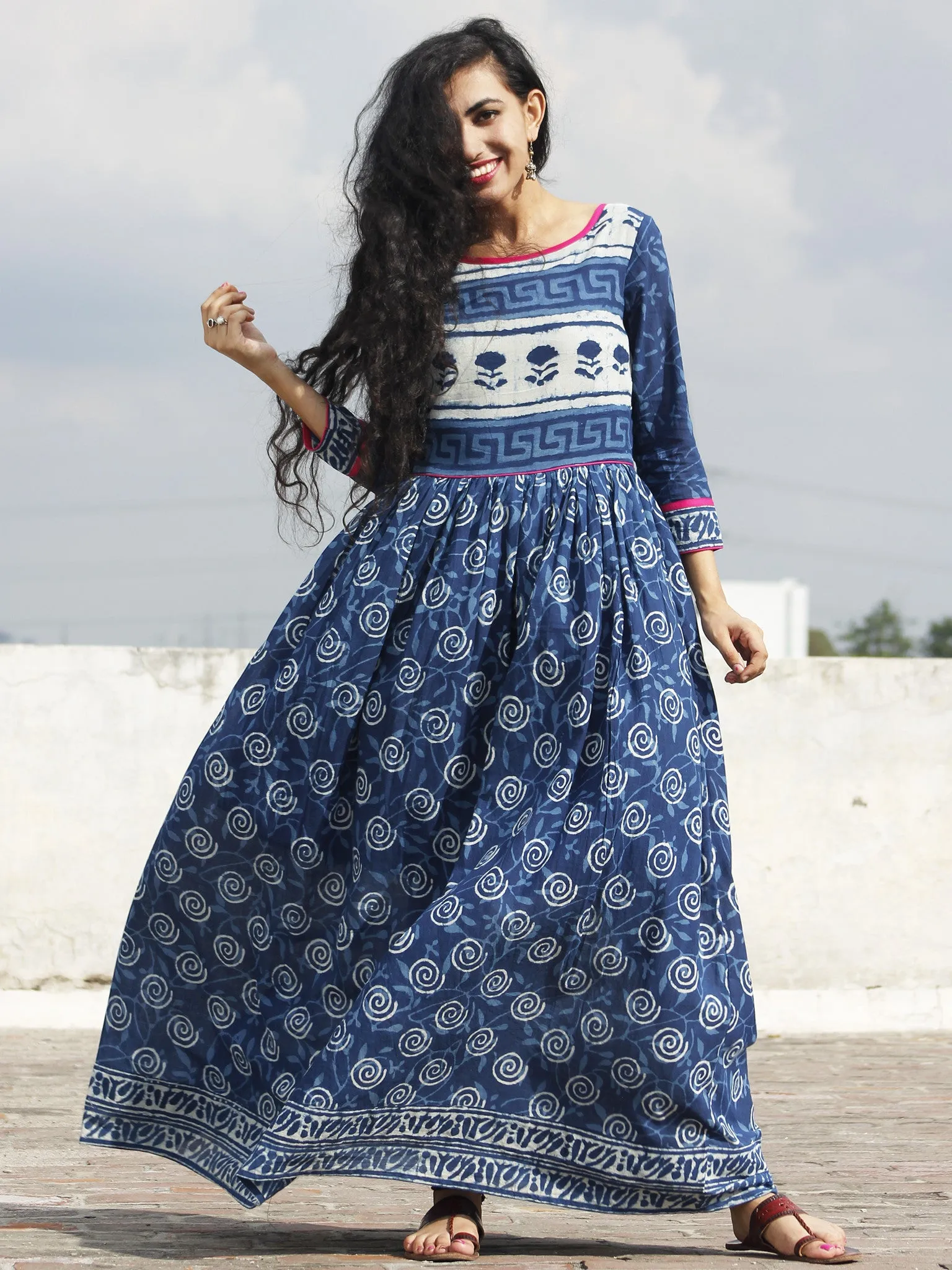 Naaz Indigo Ivory Magenta Hand Block Printed Long Dress With Gathers -  DS16F001