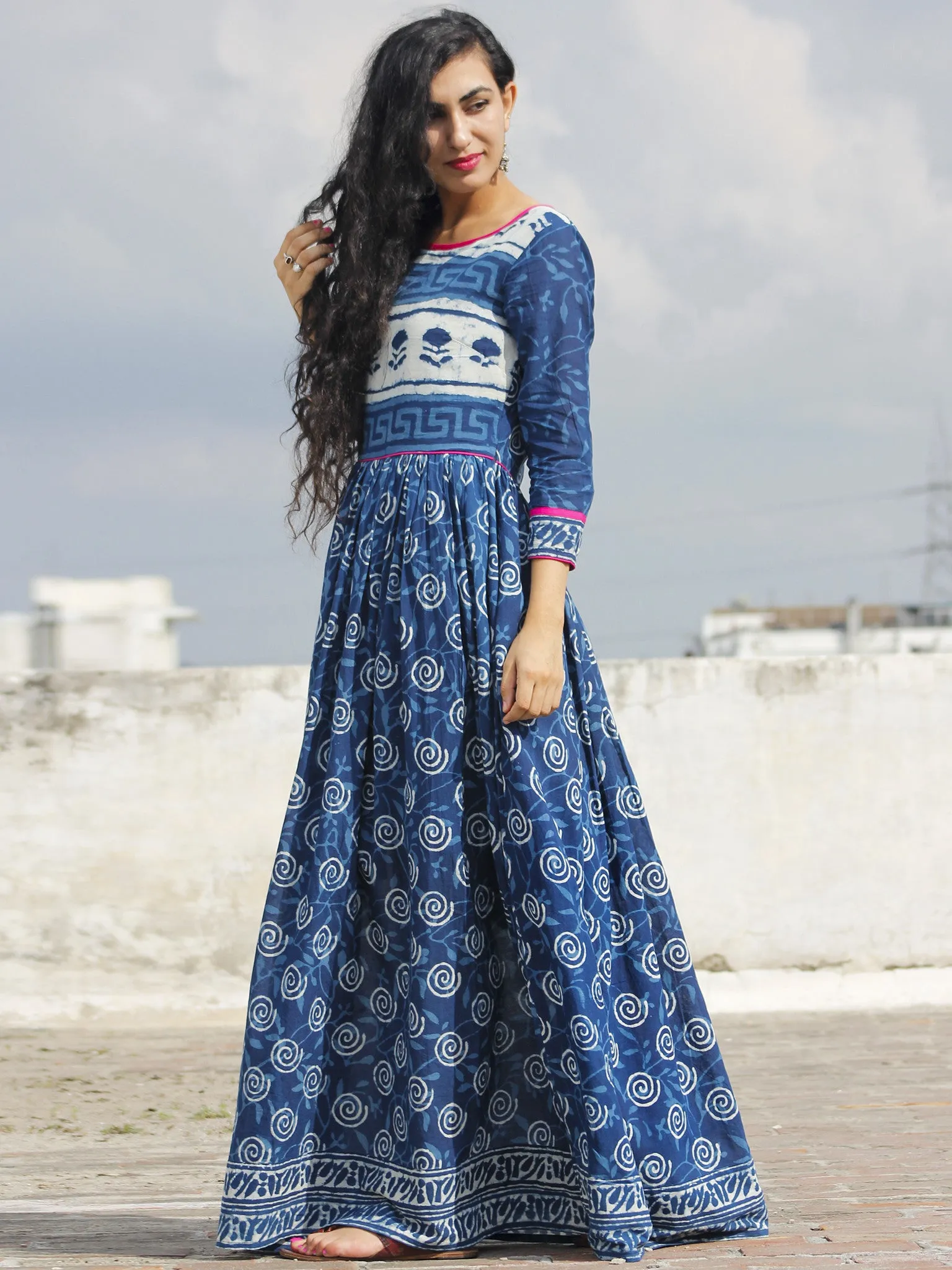 Naaz Indigo Ivory Magenta Hand Block Printed Long Dress With Gathers -  DS16F001