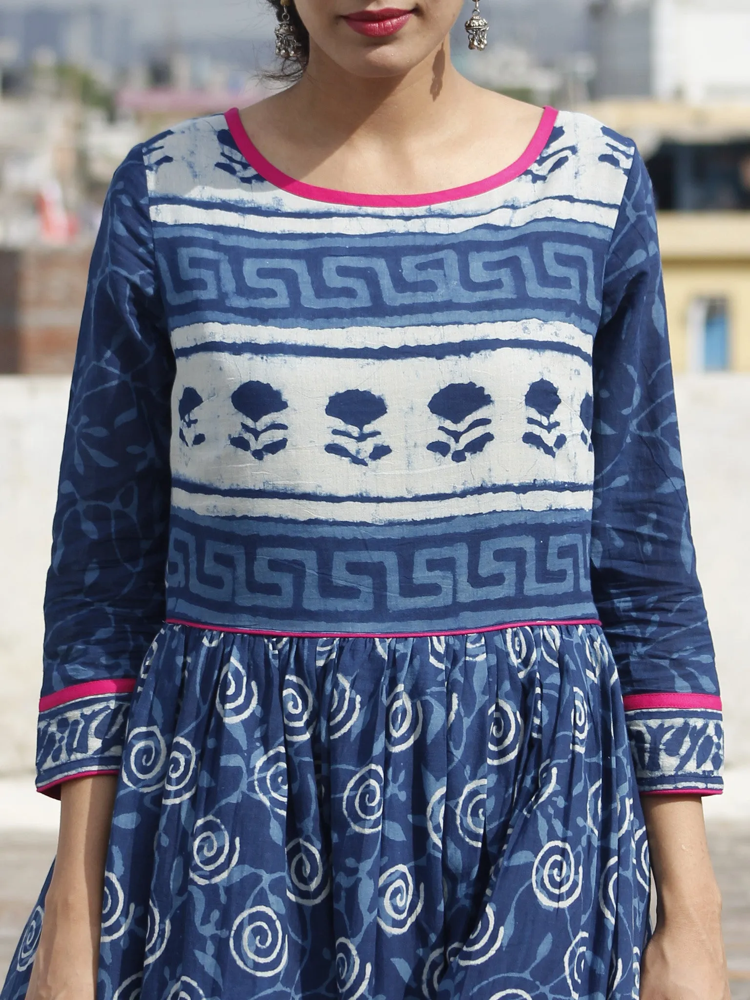 Naaz Indigo Ivory Magenta Hand Block Printed Long Dress With Gathers -  DS16F001