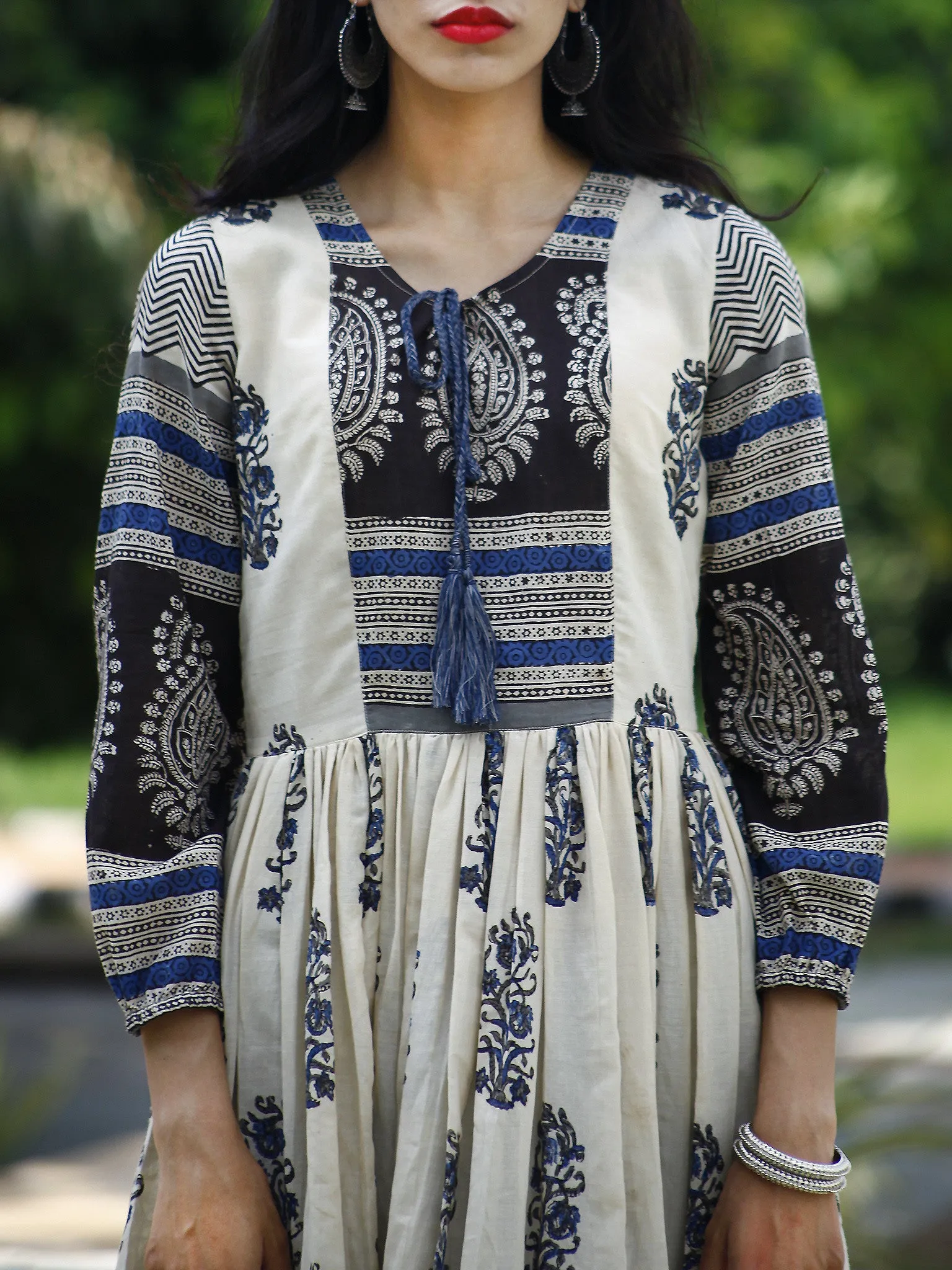 Naaz Ivory Indigo Black Hand Block Printed Long Cotton Dress with Gathers & Lining - DS06F002