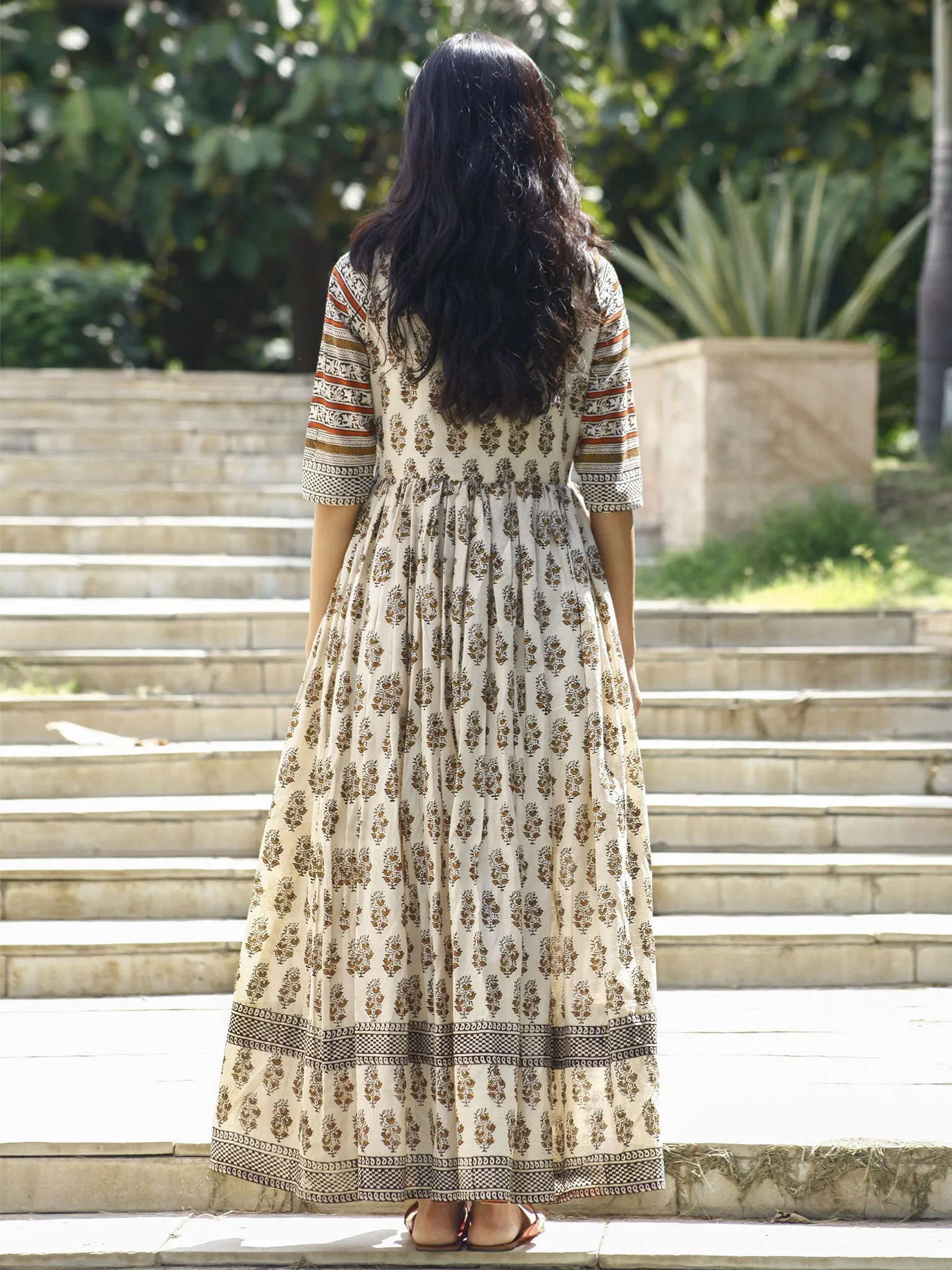 Naaz Ivory Rust Mustard Hand Block Printed Long Cotton Gather Dress with Tassels - DS14F002