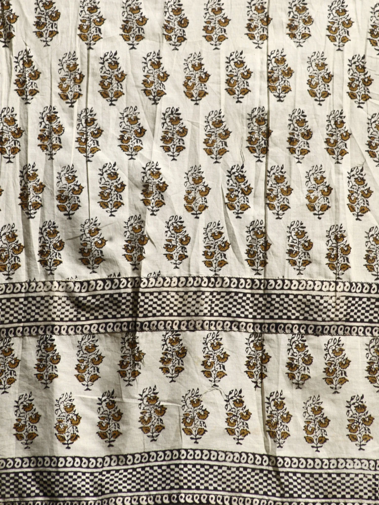 Naaz Ivory Rust Mustard Hand Block Printed Long Cotton Gather Dress with Tassels - DS14F002