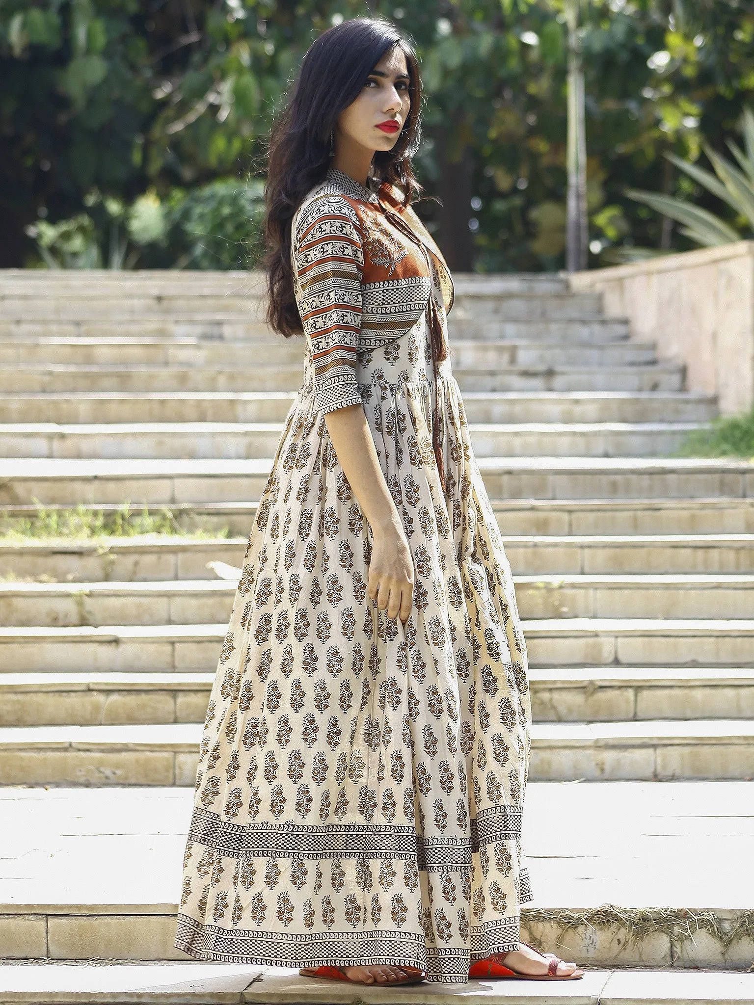 Naaz Ivory Rust Mustard Hand Block Printed Long Cotton Gather Dress with Tassels - DS14F002