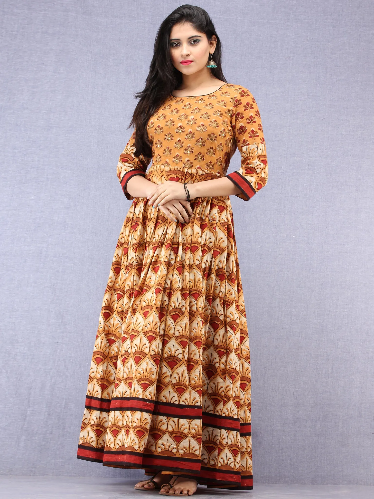 Naaz Mehran - Hand Block Mughal Printed Long Cotton Embroidered Dress - DS101F001