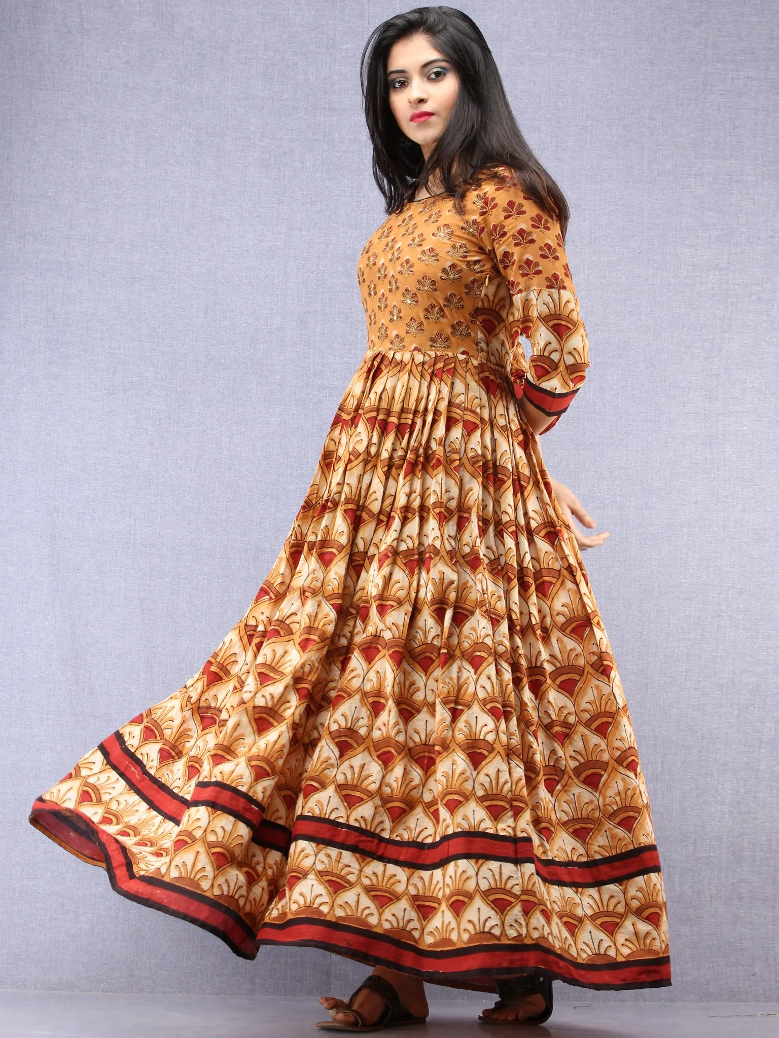 Naaz Mehran - Hand Block Mughal Printed Long Cotton Embroidered Dress - DS101F001