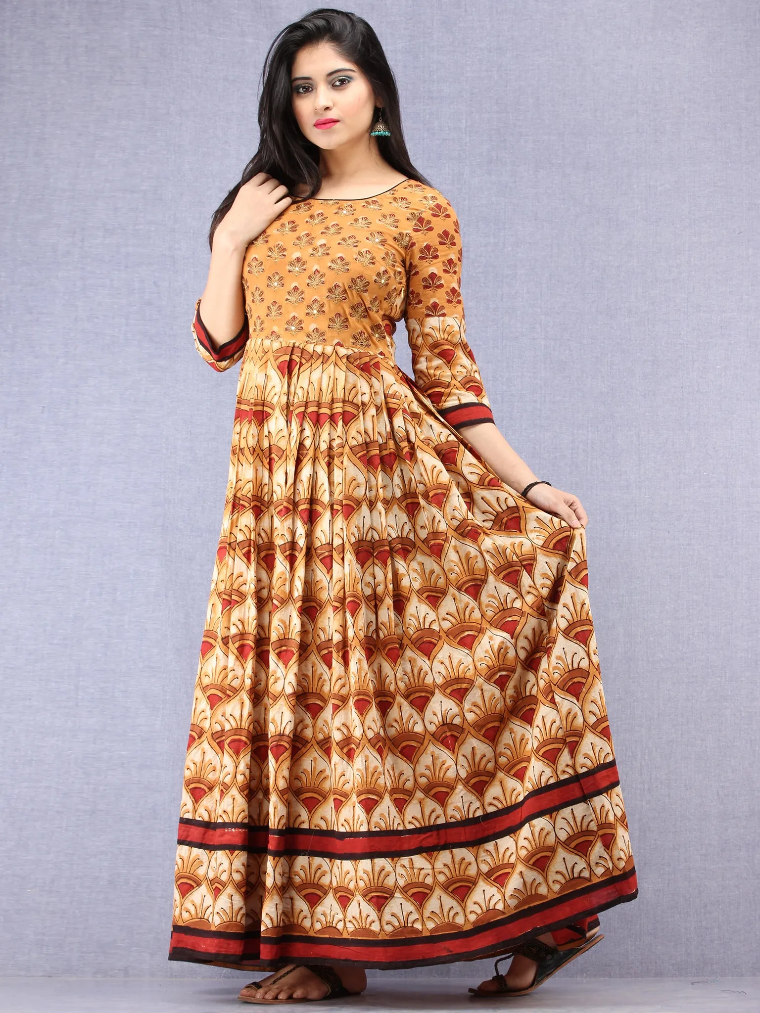 Naaz Mehran - Hand Block Mughal Printed Long Cotton Embroidered Dress - DS101F001