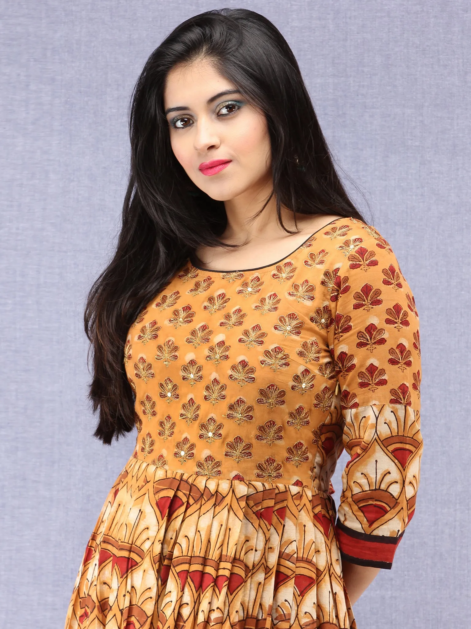 Naaz Mehran - Hand Block Mughal Printed Long Cotton Embroidered Dress - DS101F001