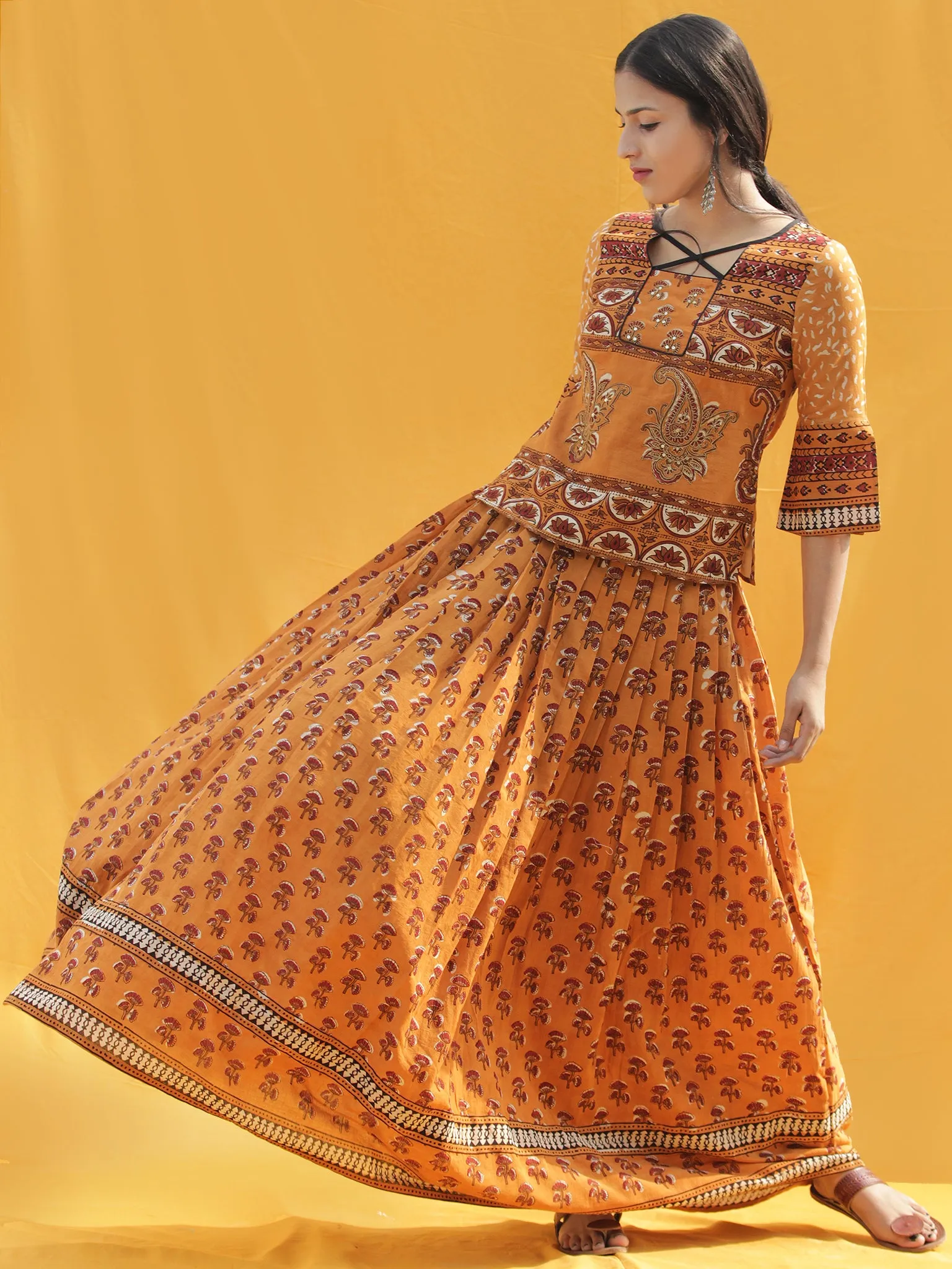 Naaz Midhah - Hand Block Printed Long Top And Skirt Dress - DS83F001