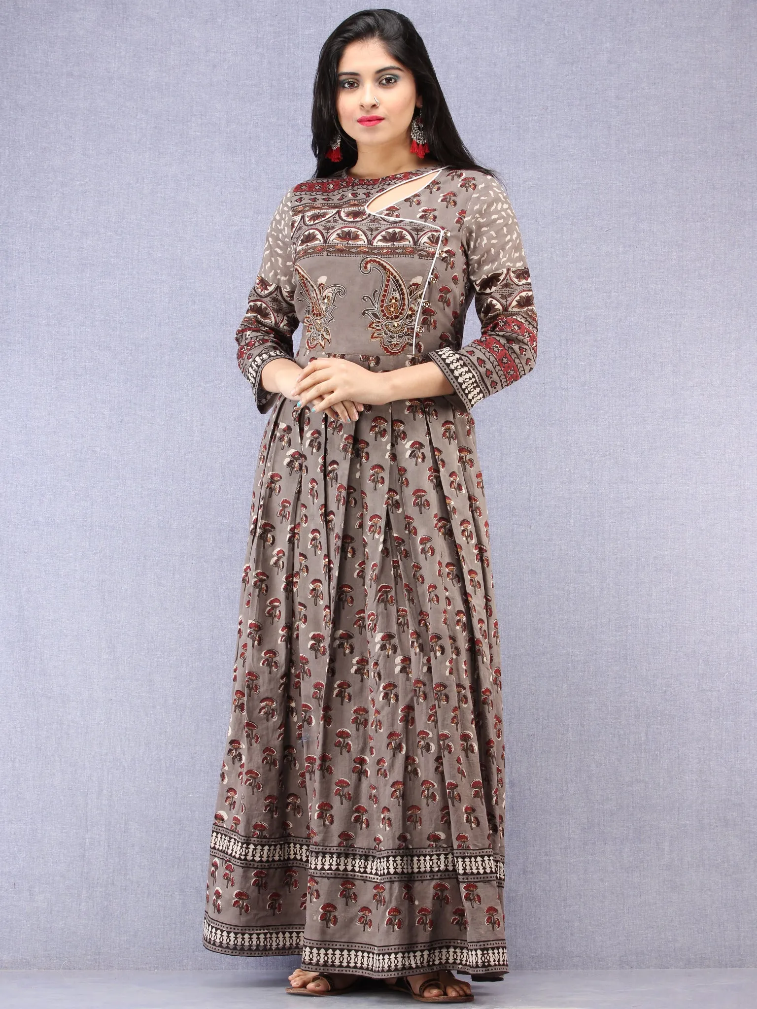 Naaz Shahra - Hand Block Printed Long Cotton Embroidered Angrakha Dress - DS99F001