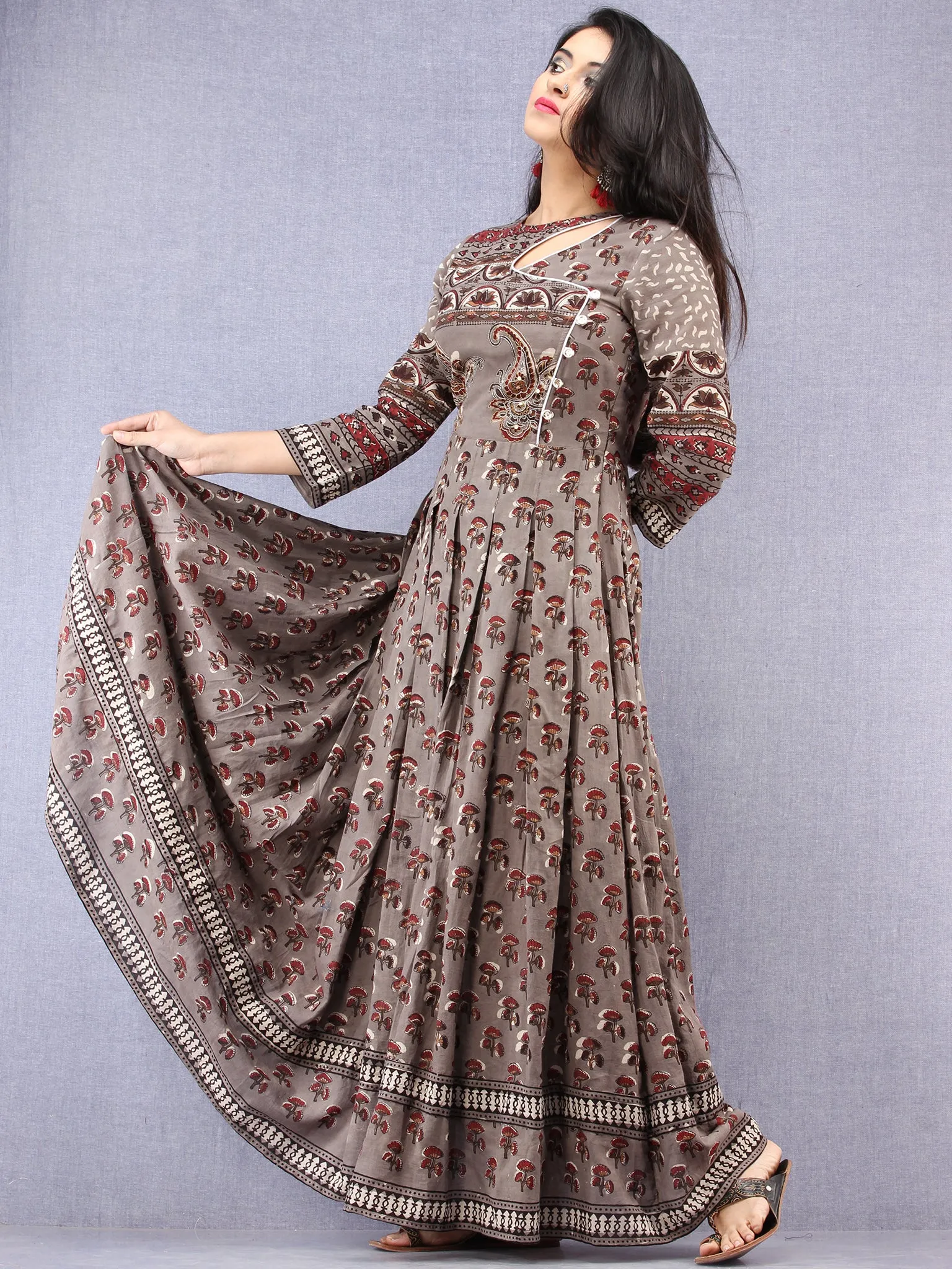 Naaz Shahra - Hand Block Printed Long Cotton Embroidered Angrakha Dress - DS99F001