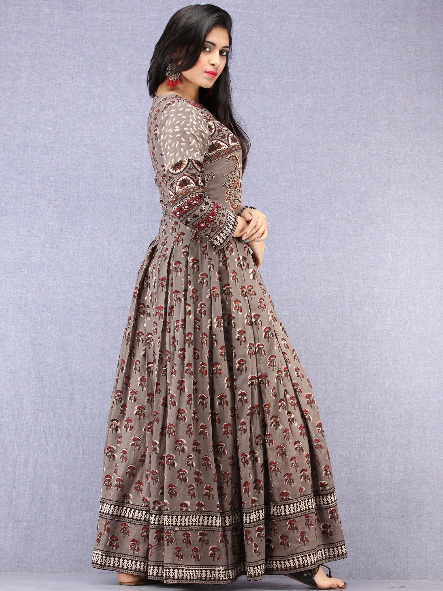 Naaz Shahra - Hand Block Printed Long Cotton Embroidered Angrakha Dress - DS99F001