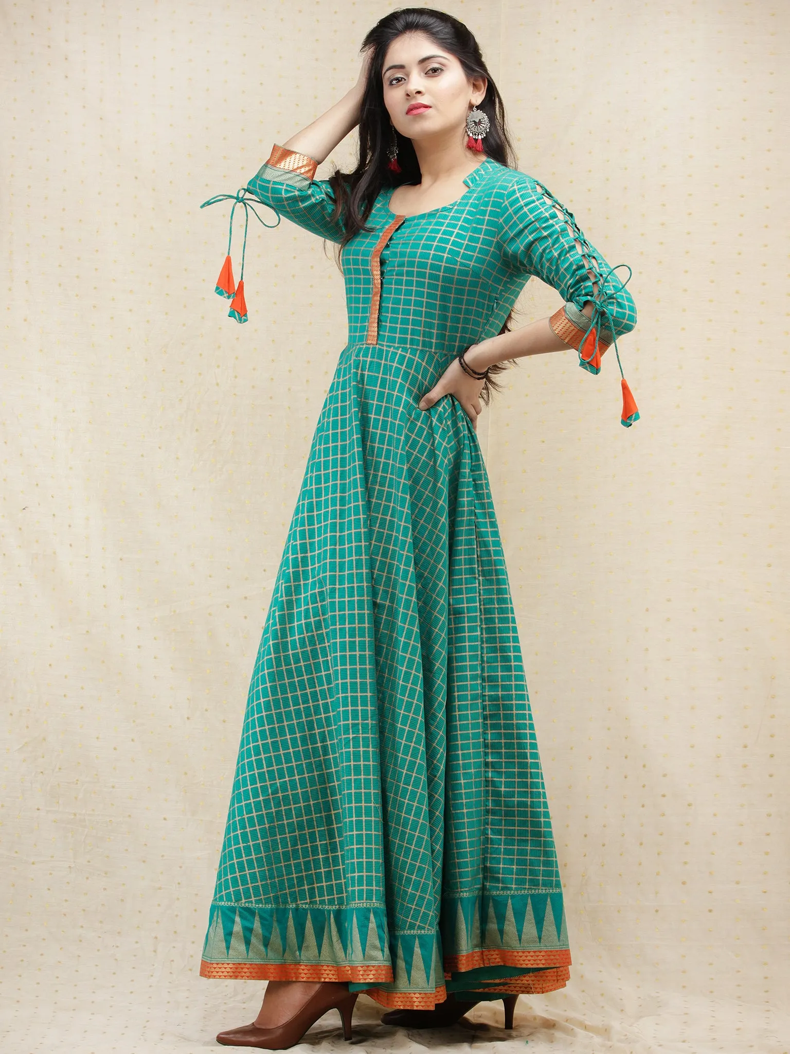 Nazma - Sea Green Gold Checks Printed Long Urave Cut Dress - D378F1996