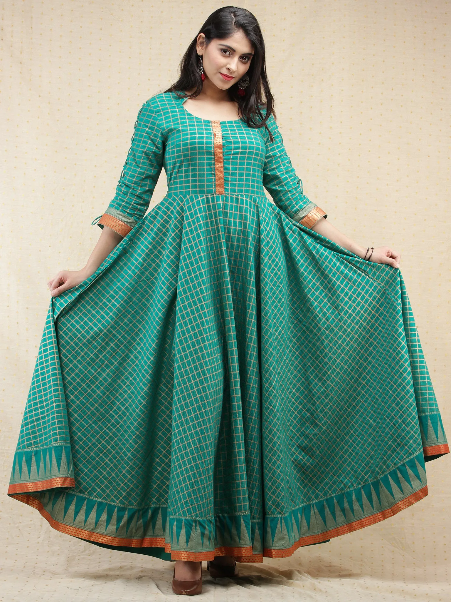 Nazma - Sea Green Gold Checks Printed Long Urave Cut Dress - D378F1996