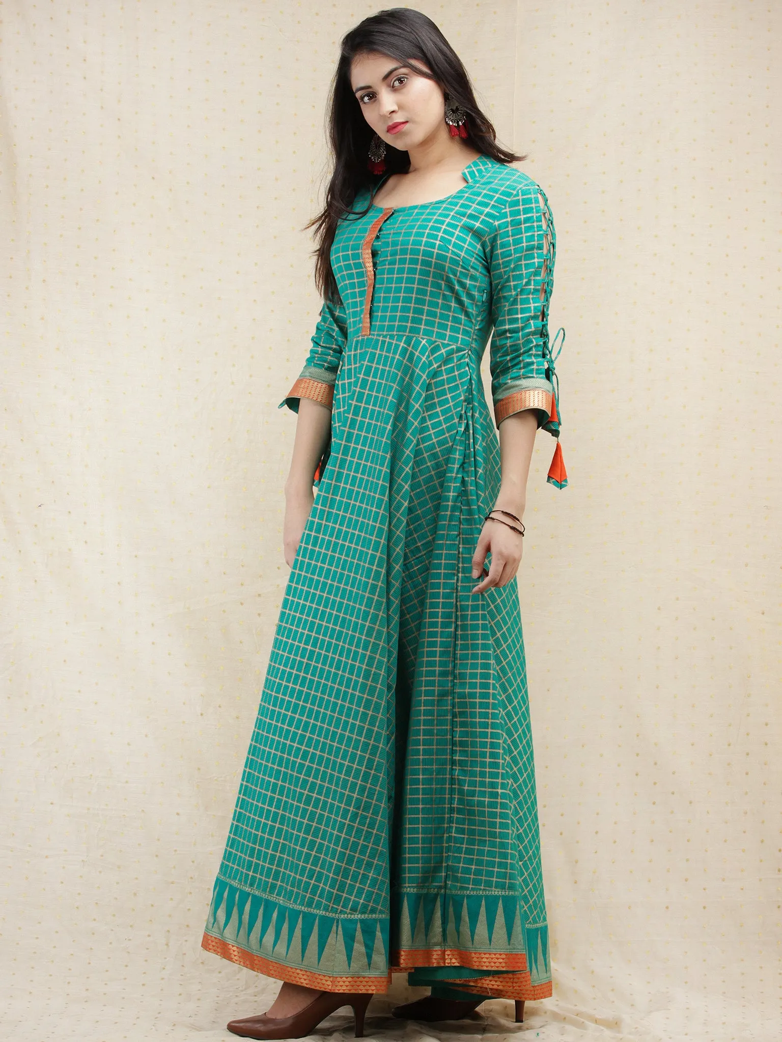 Nazma - Sea Green Gold Checks Printed Long Urave Cut Dress - D378F1996